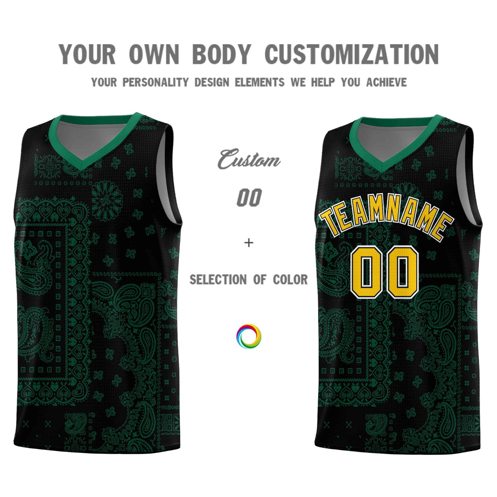 Custom Black Basketball Kits With Kelly Green Cashew Flower Print Pattern