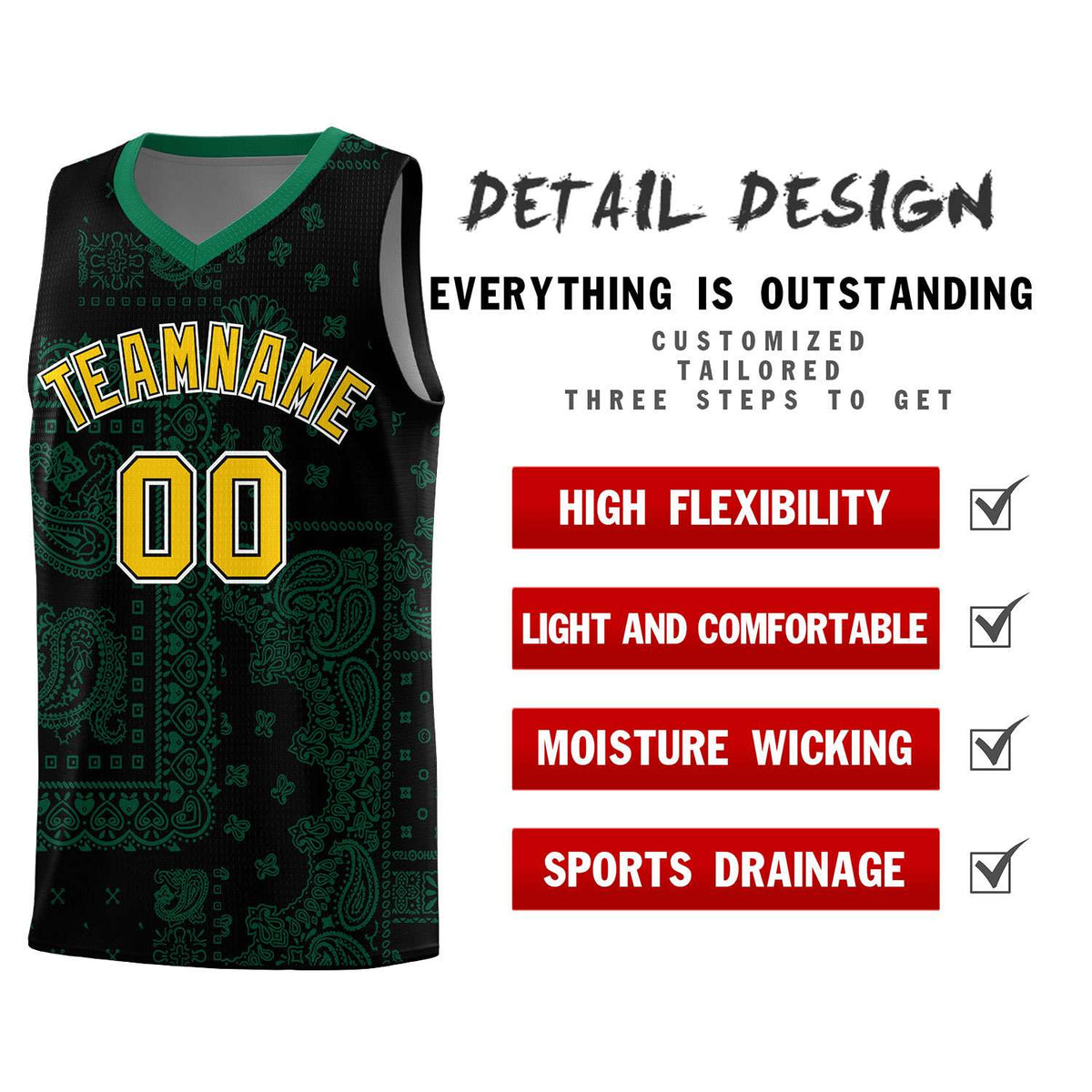 Custom Black Basketball Kits With Kelly Green Cashew Flower Print Pattern