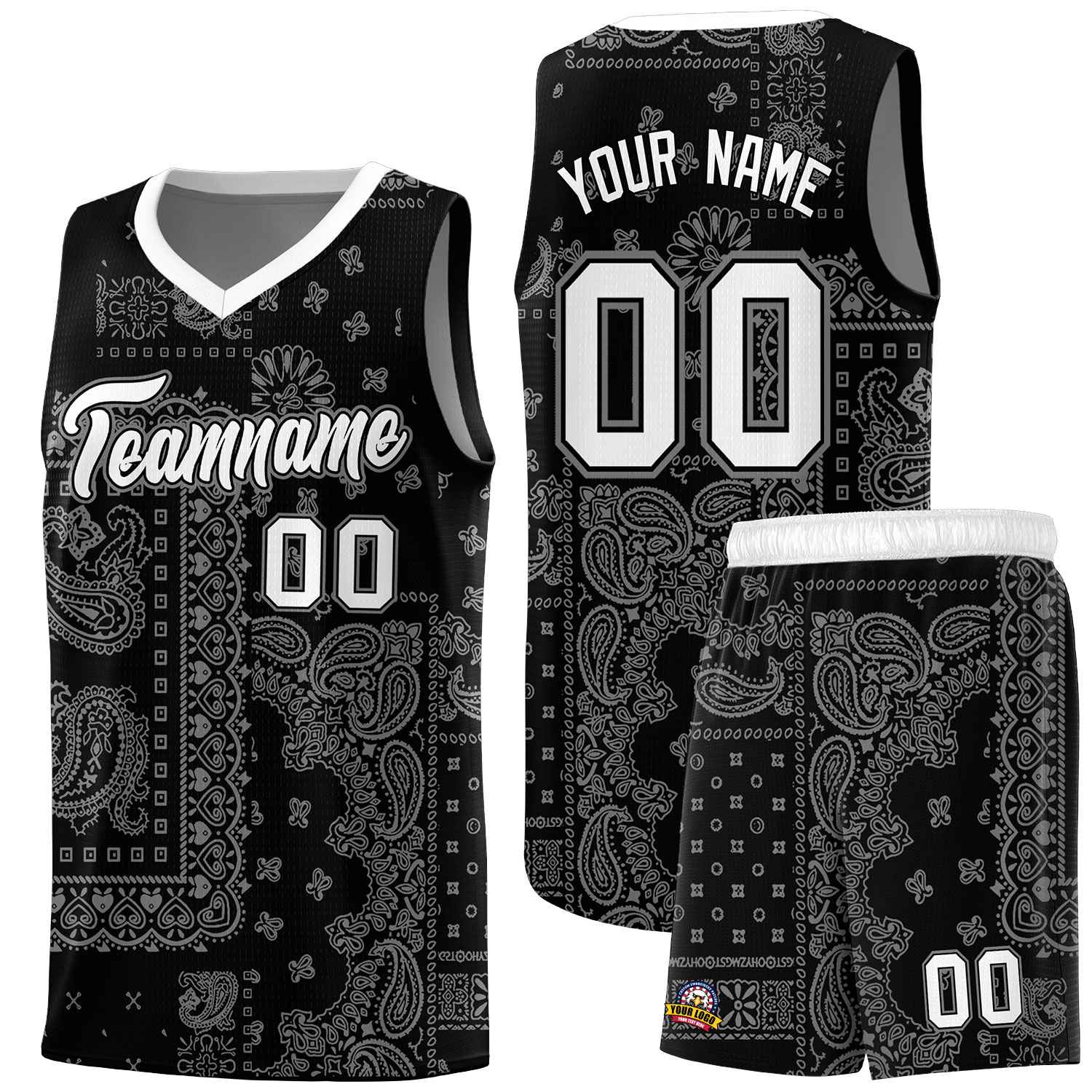 Custom Black Basketball Kits With White Cashew Flower Print Pattern