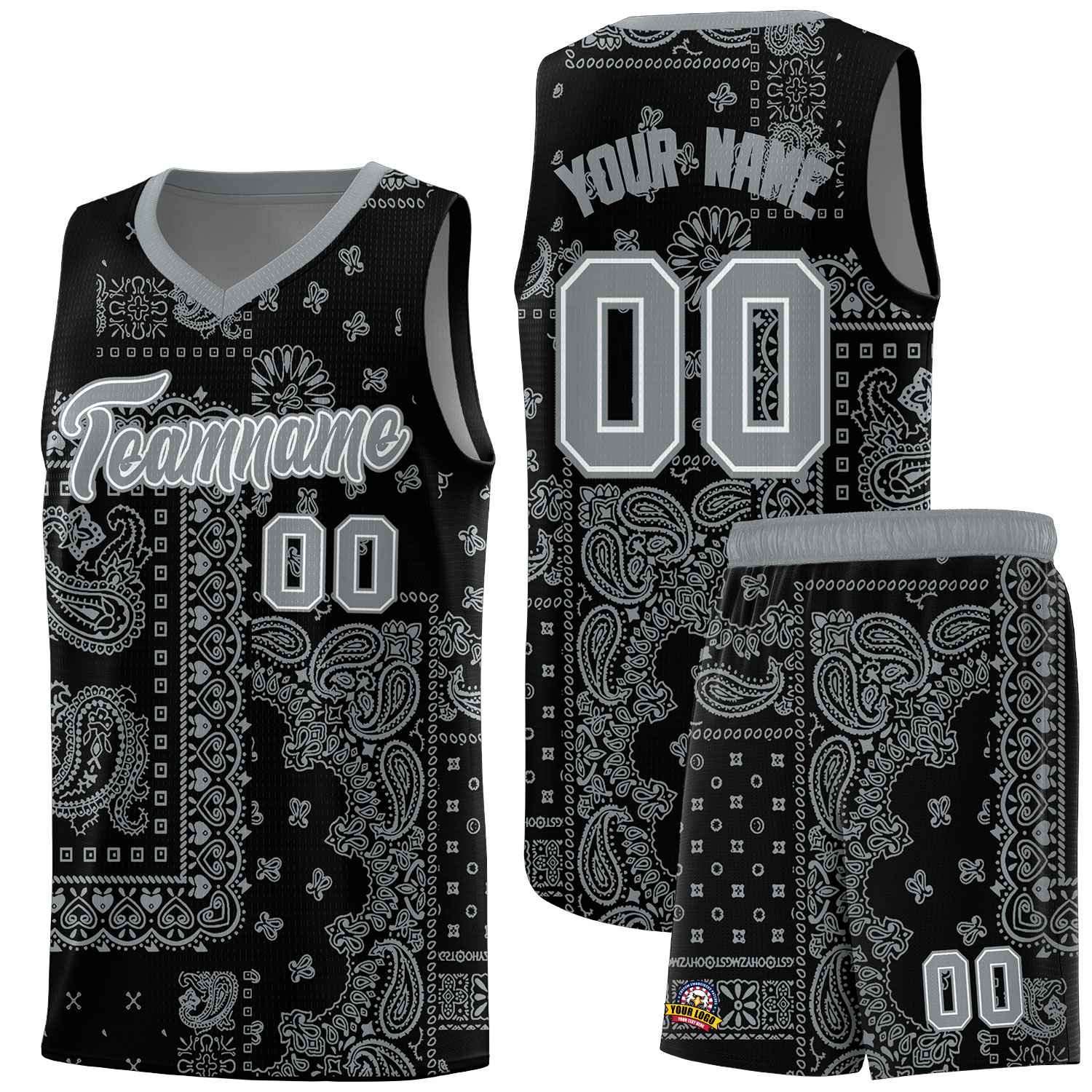Custom Black Basketball Kits With Silver Cashew Flower Print Pattern
