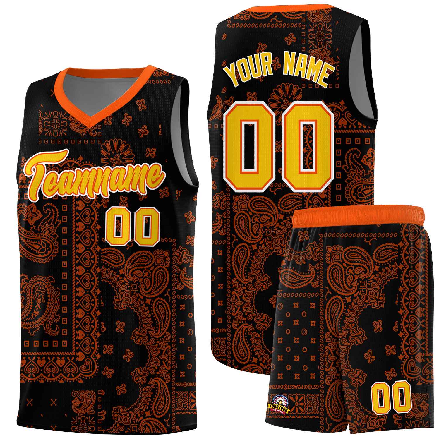 Custom Black Basketball Kits With Orange Cashew Flower Print Pattern