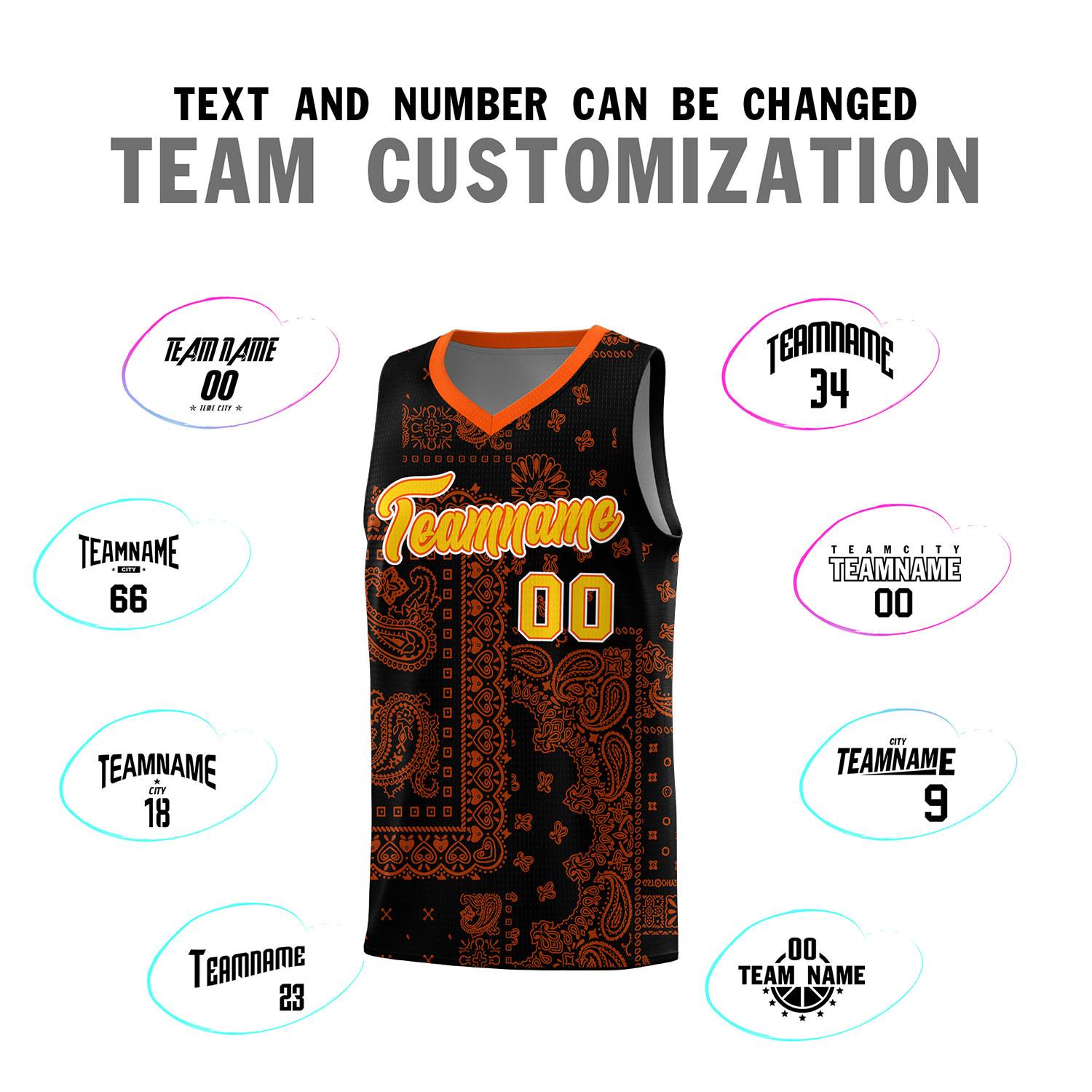 Custom Black Basketball Kits With Orange Cashew Flower Print Pattern