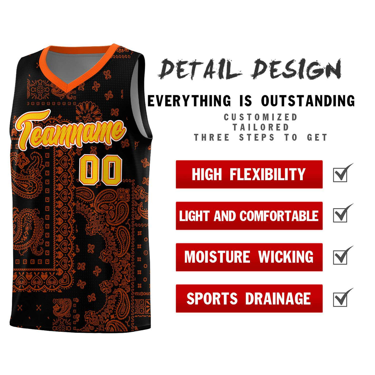Custom Black Basketball Kits With Orange Cashew Flower Print Pattern