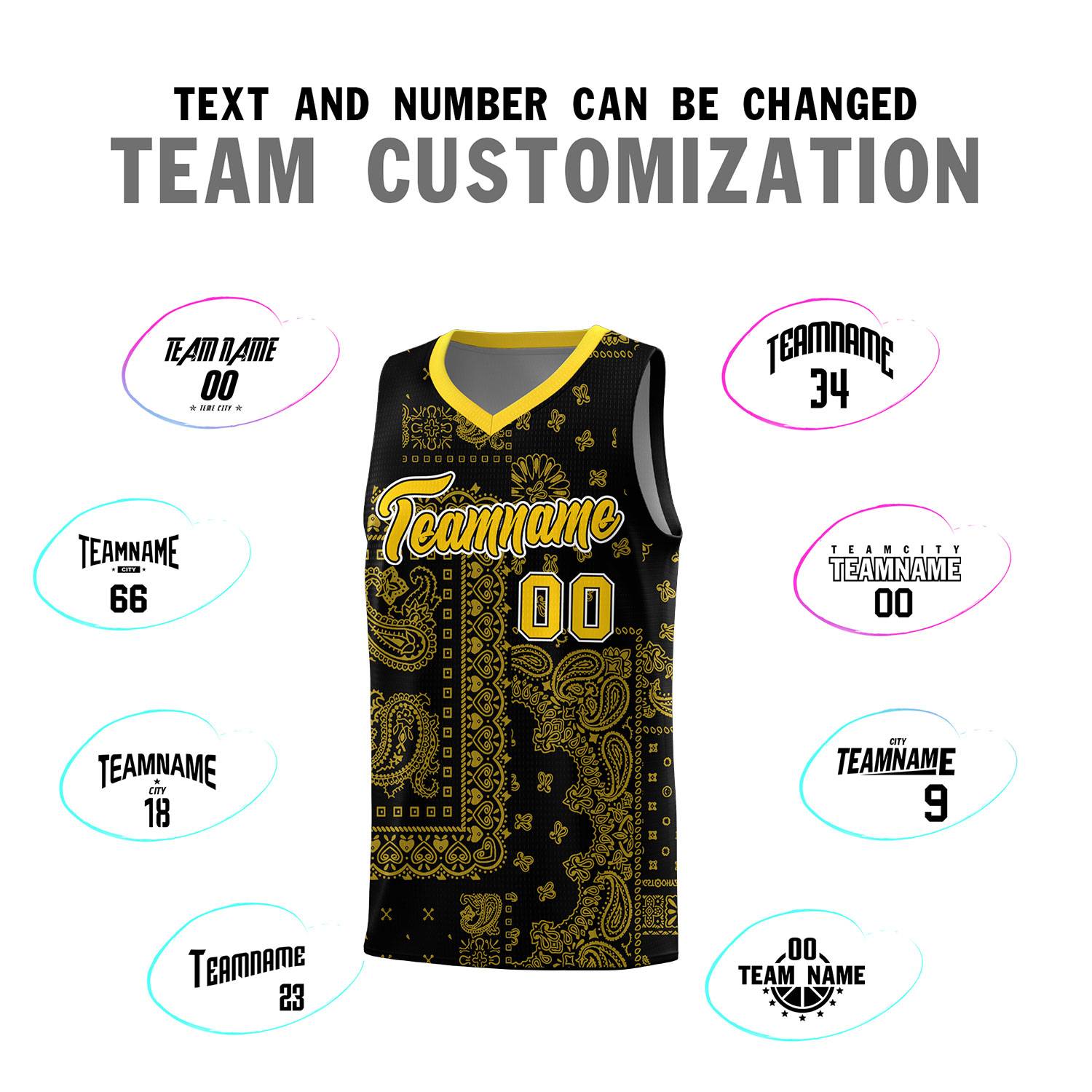 Custom Black Basketball Kits With Gold Cashew Flower Print Pattern