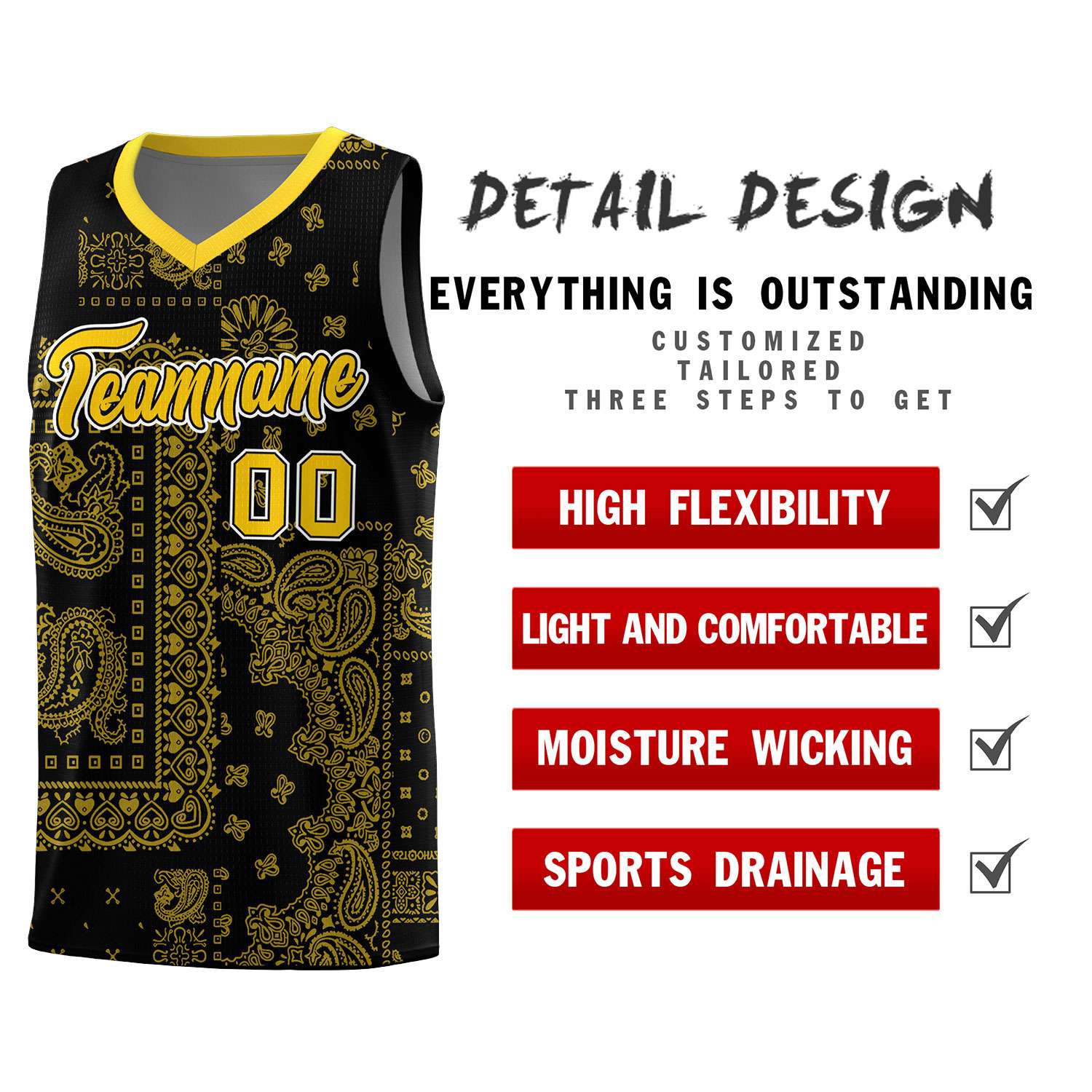 Custom Black Basketball Kits With Gold Cashew Flower Print Pattern