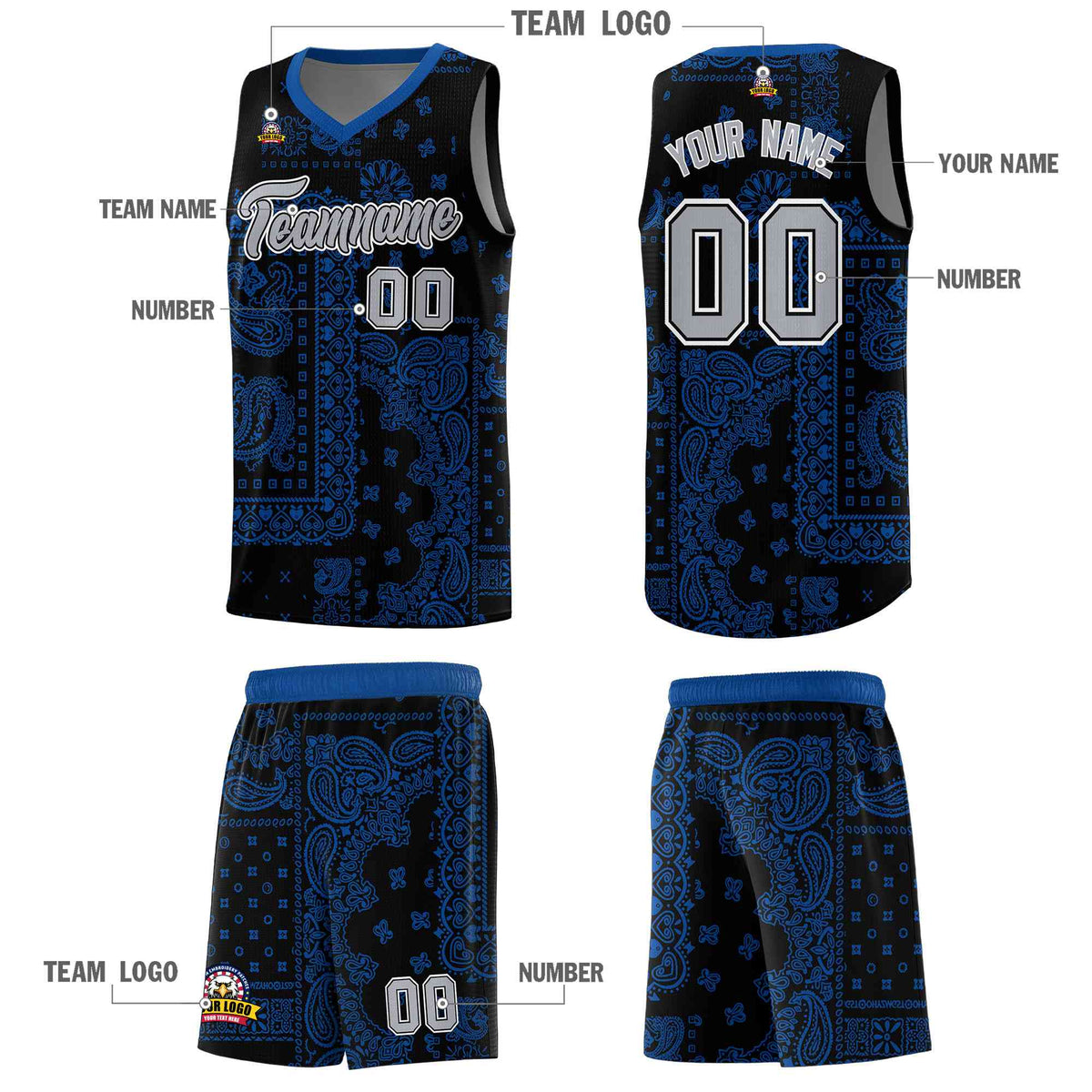 Custom Black Basketball Kits With Royal Cashew Flower Print Pattern