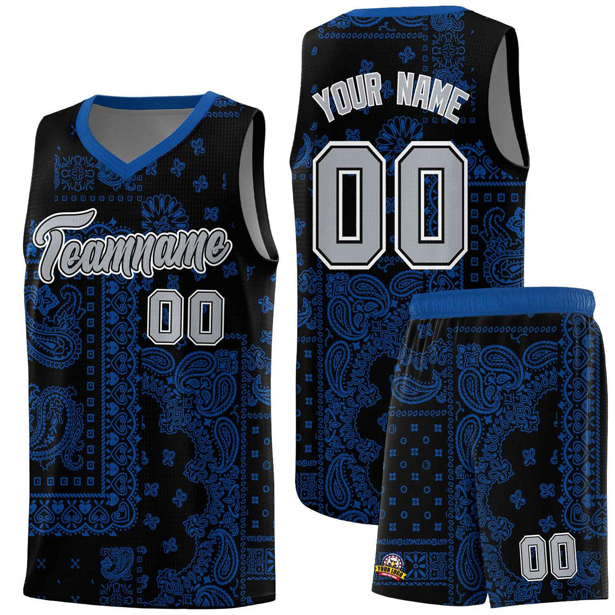Custom Black Basketball Kits With Royal Cashew Flower Print Pattern