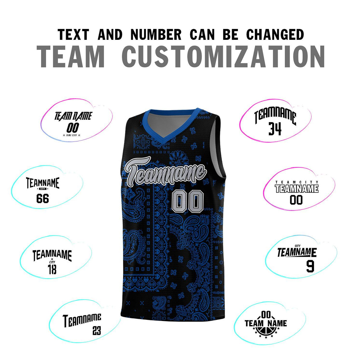 Custom Black Basketball Kits With Royal Cashew Flower Print Pattern