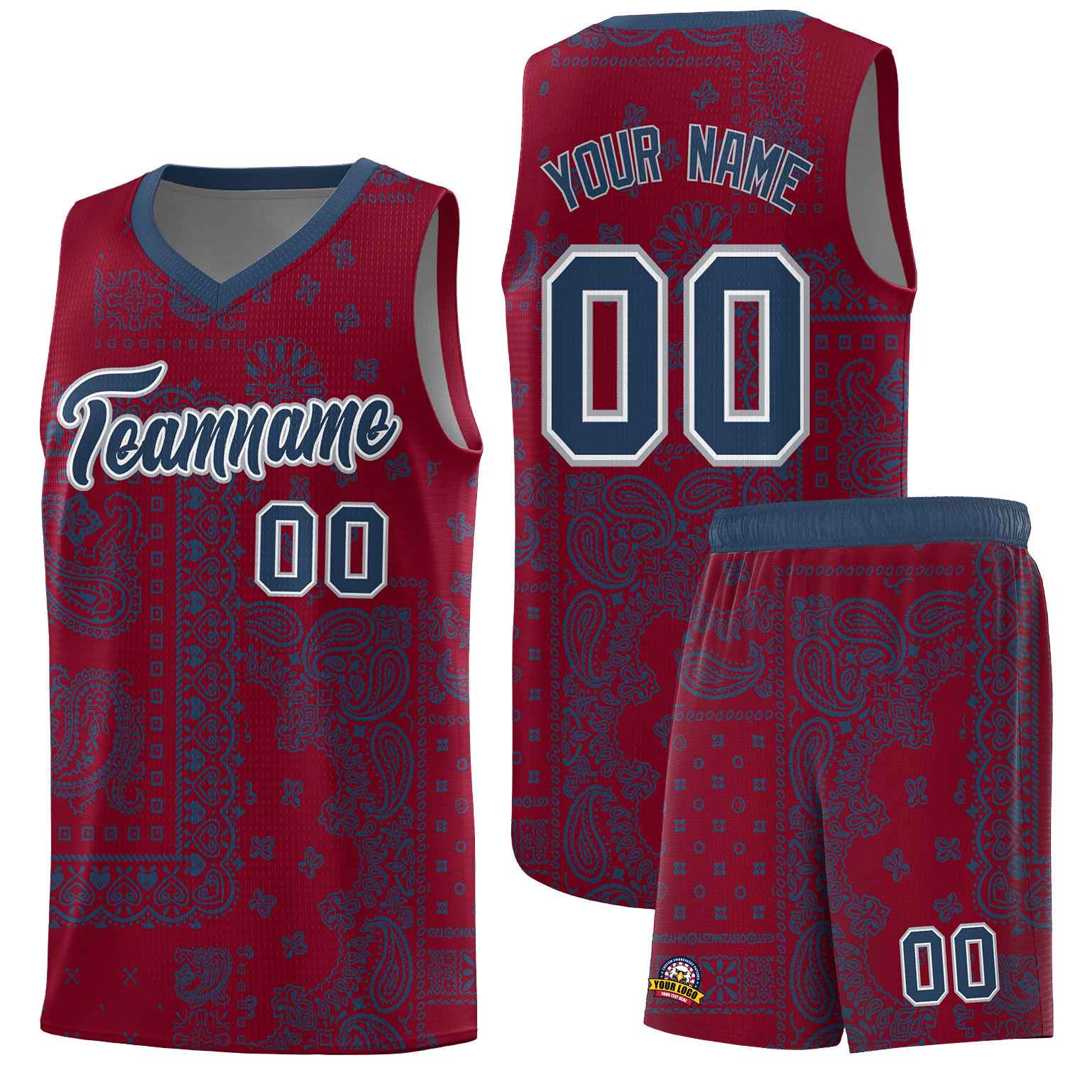 Custom Crimson Basketball Kits With Midnight Blue Cashew Flower Print Pattern