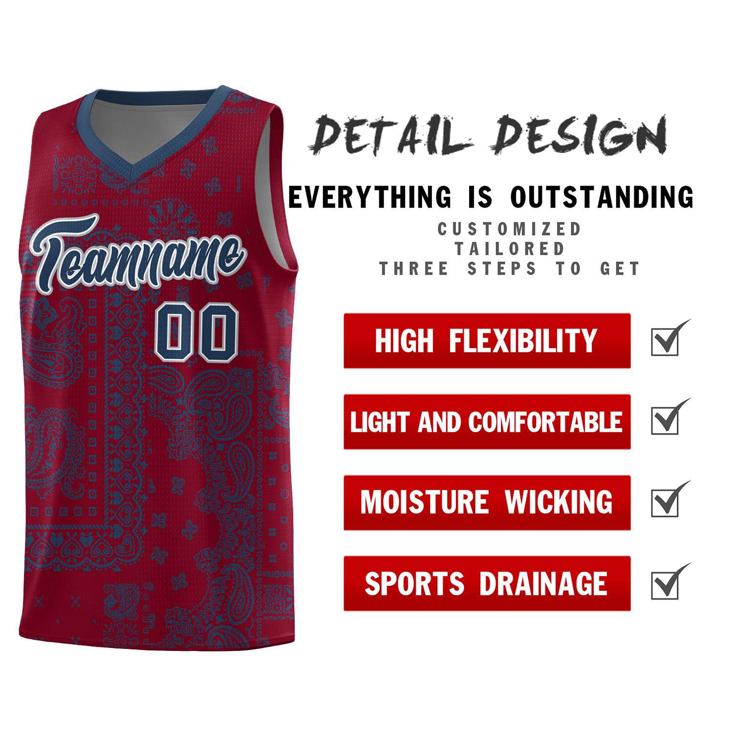 Custom Crimson Basketball Kits With Midnight Blue Cashew Flower Print Pattern