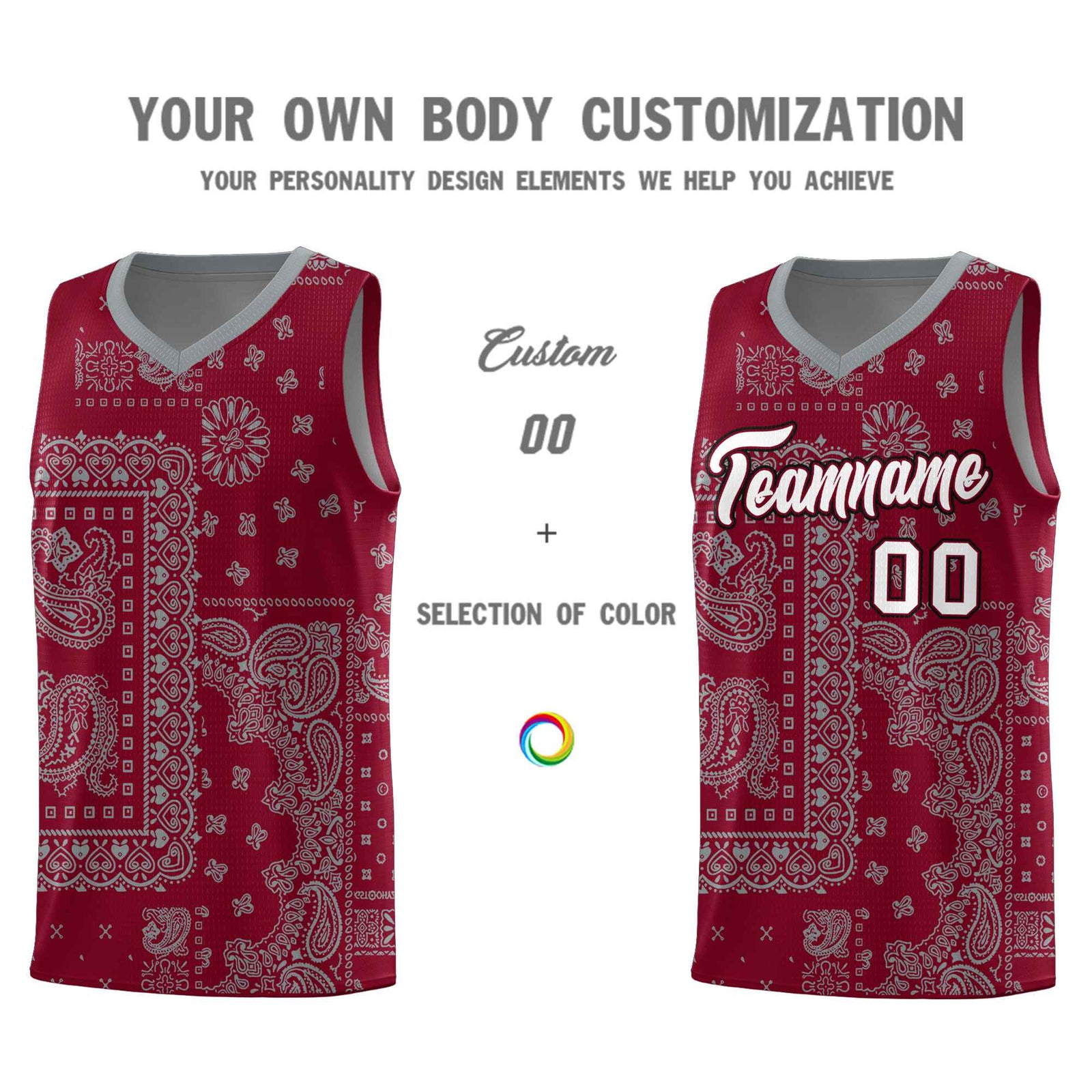 Custom Crimson Basketball Kits With Gray Cashew Flower Print Pattern