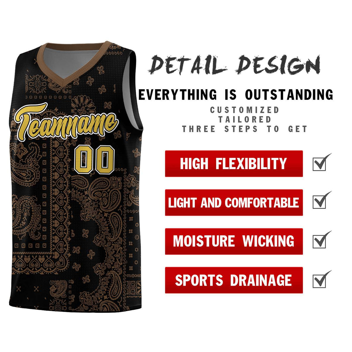 Custom Black Basketball Kits With Light Brown Cashew Flower Print Pattern