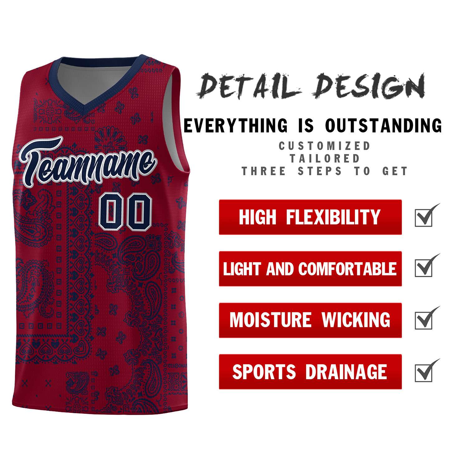 Custom Crimson Basketball Kits With Navy Cashew Flower Print Pattern