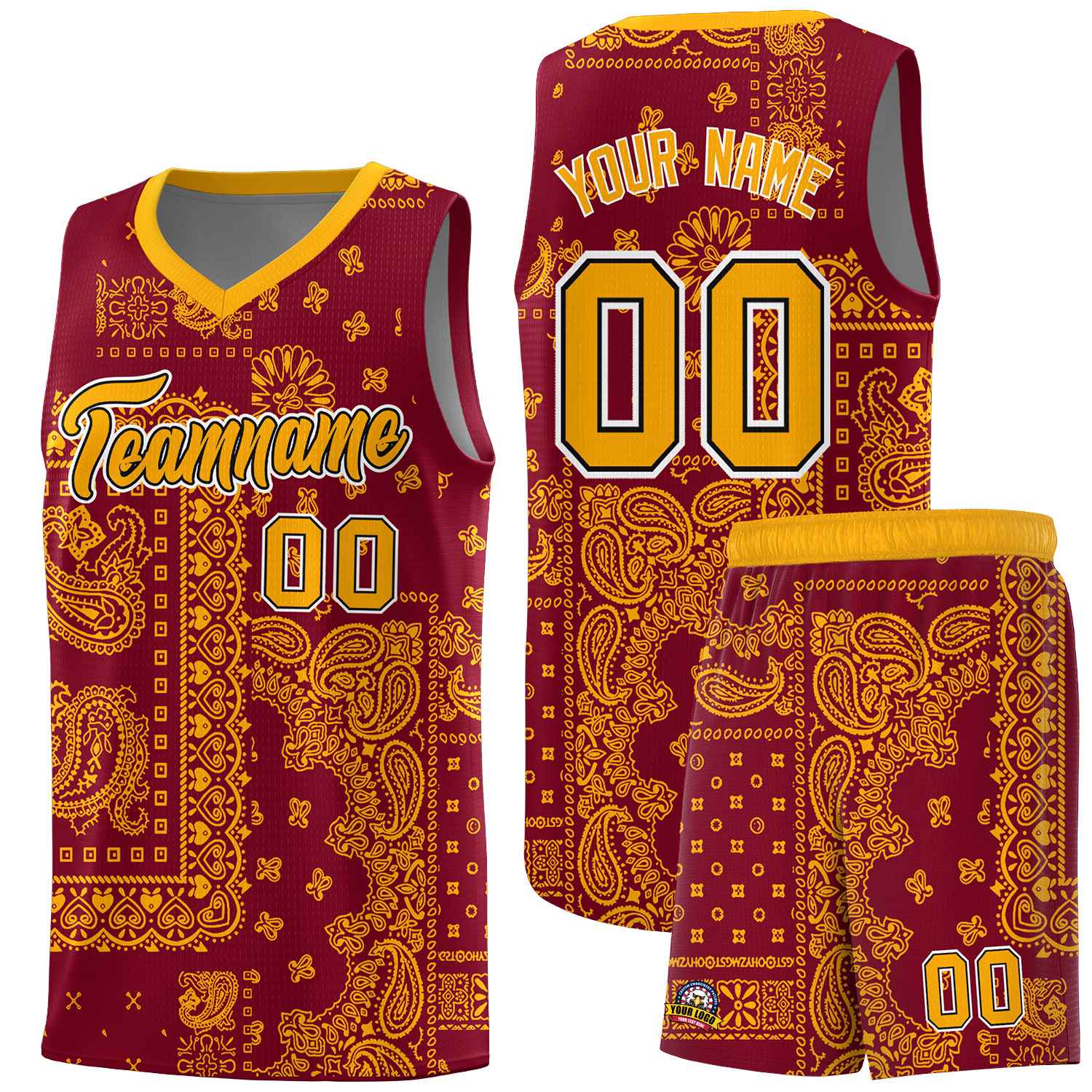 Custom Crimson Basketball Kits With Royal Cashew Flower Print Pattern