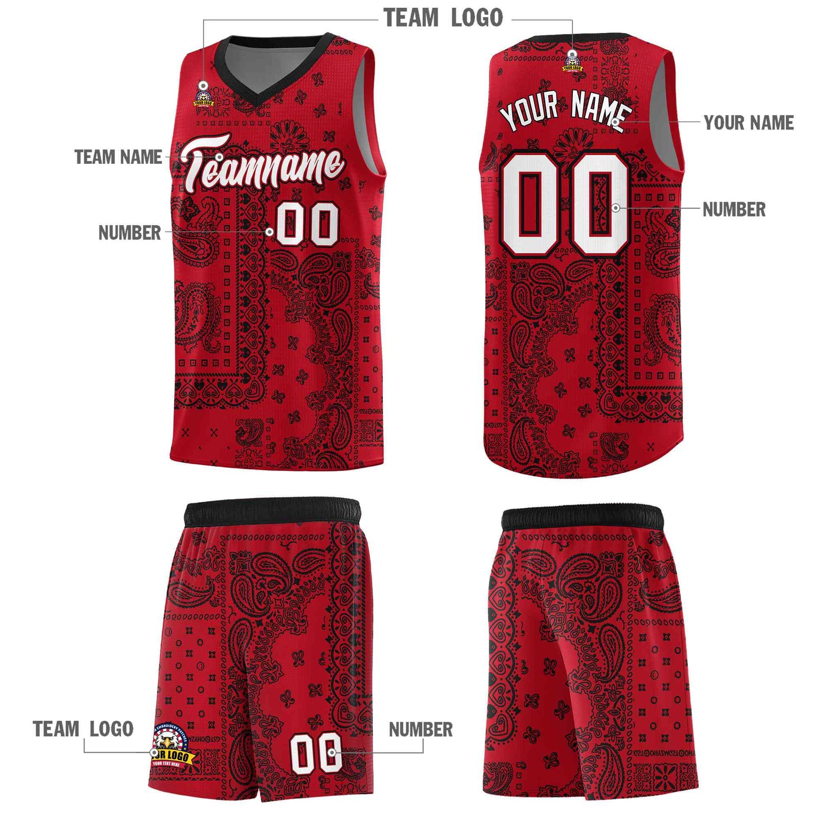 Custom Red Basketball Kits With Black Cashew Flower Print Pattern