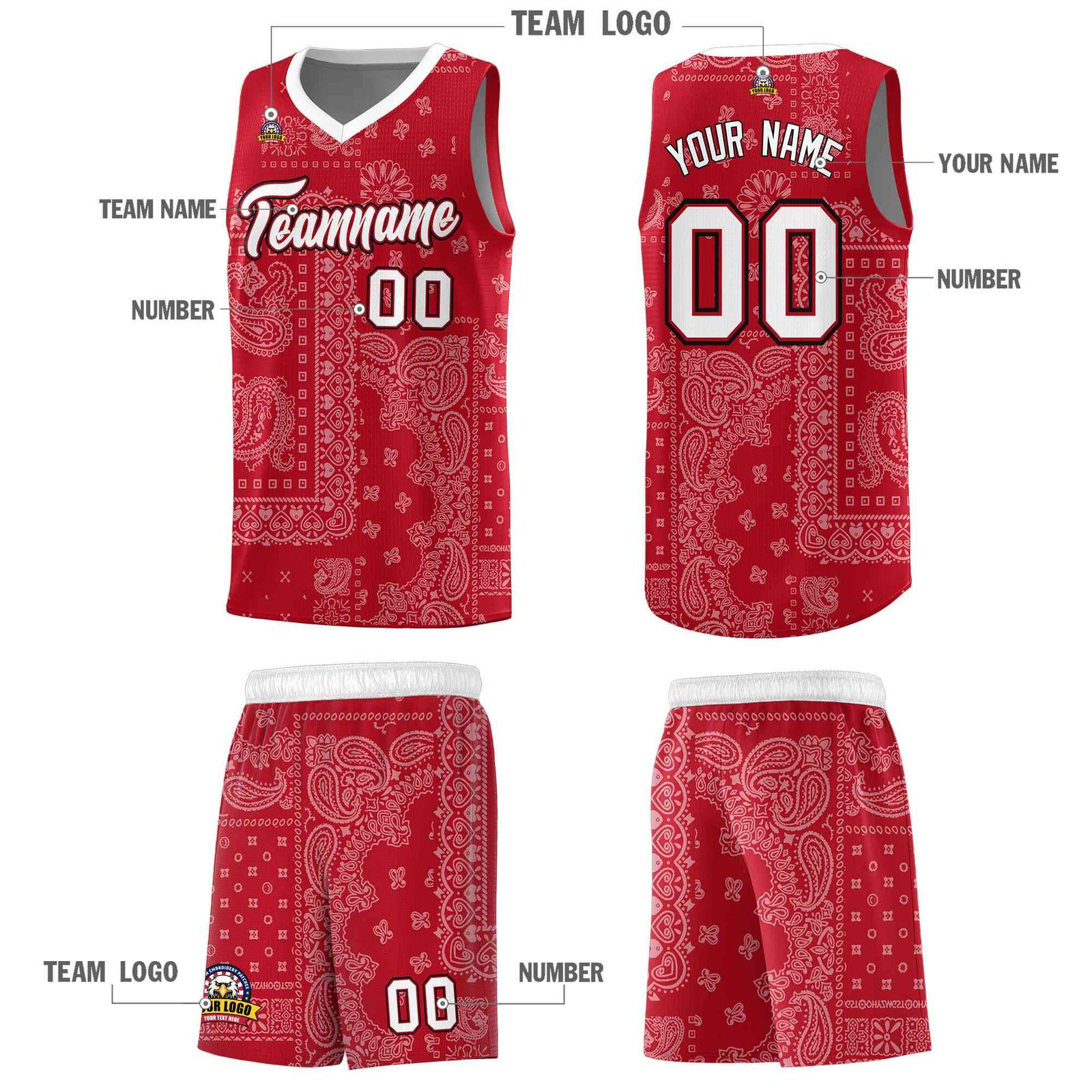 Custom Red Basketball Kits With White Cashew Flower Print Pattern