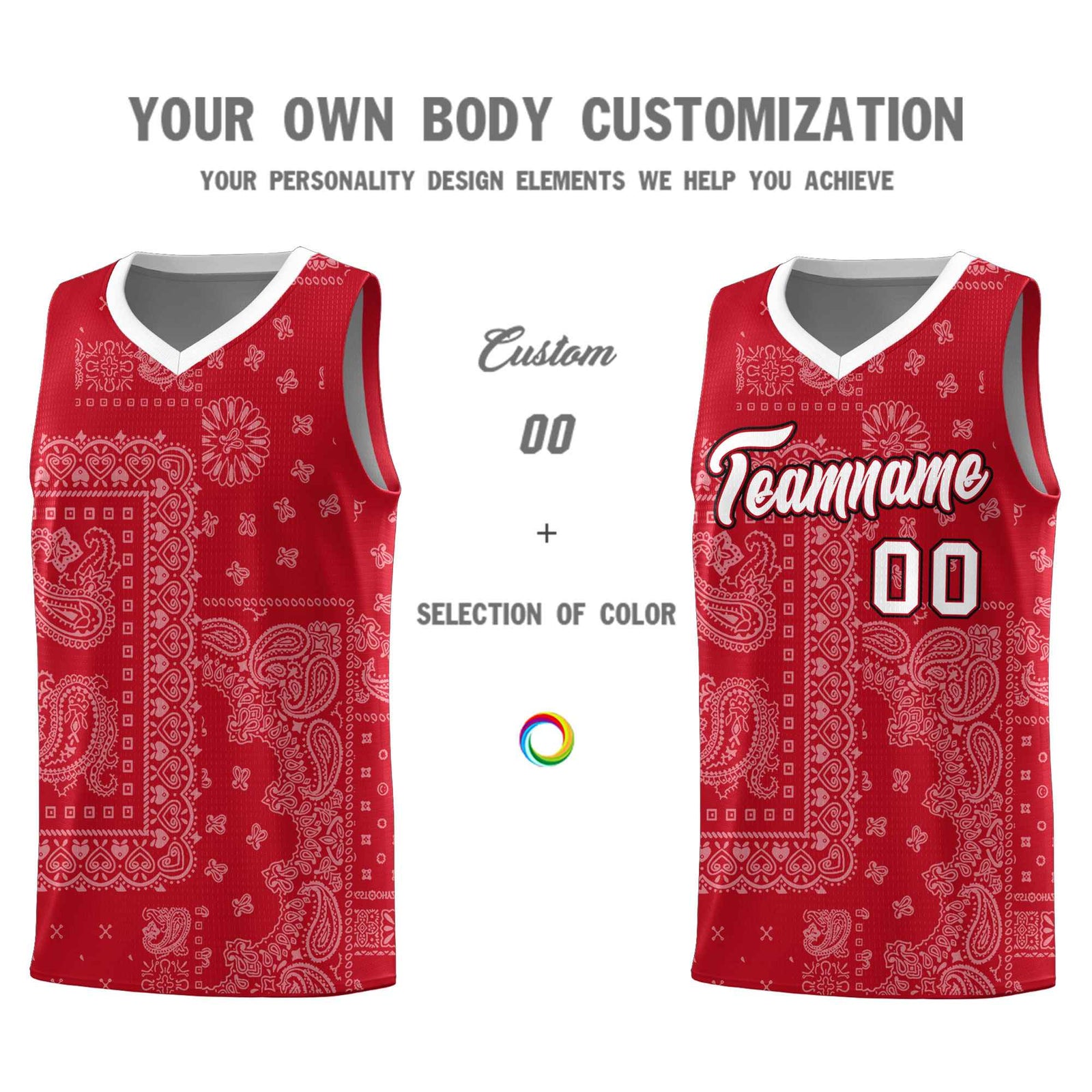 Custom Red Basketball Kits With White Cashew Flower Print Pattern