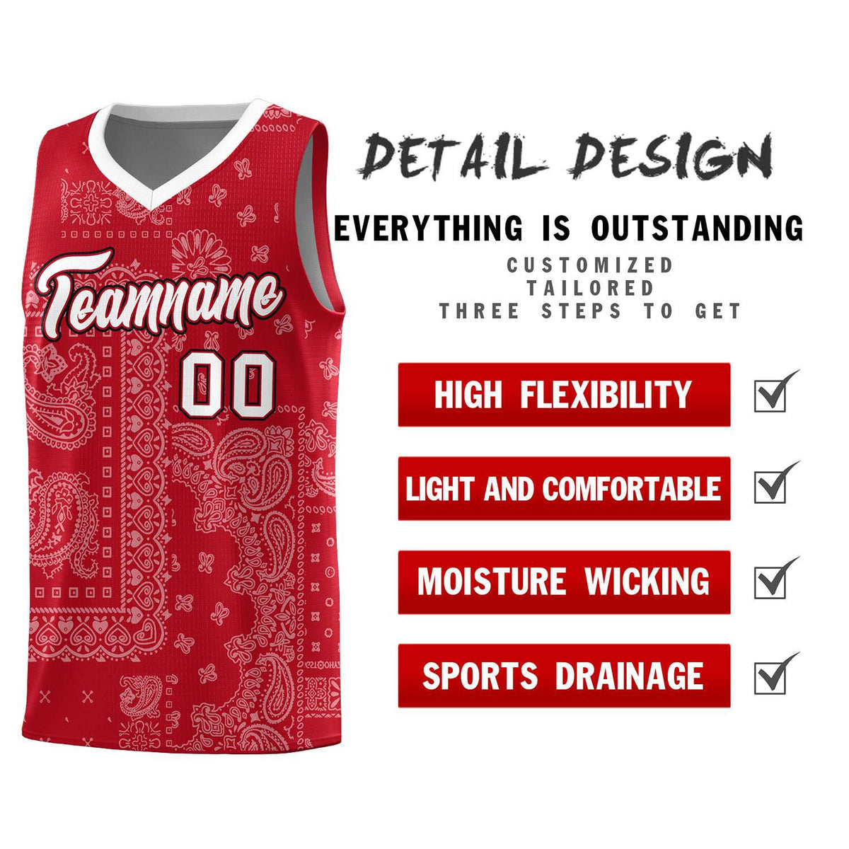 Custom Red Basketball Kits With White Cashew Flower Print Pattern