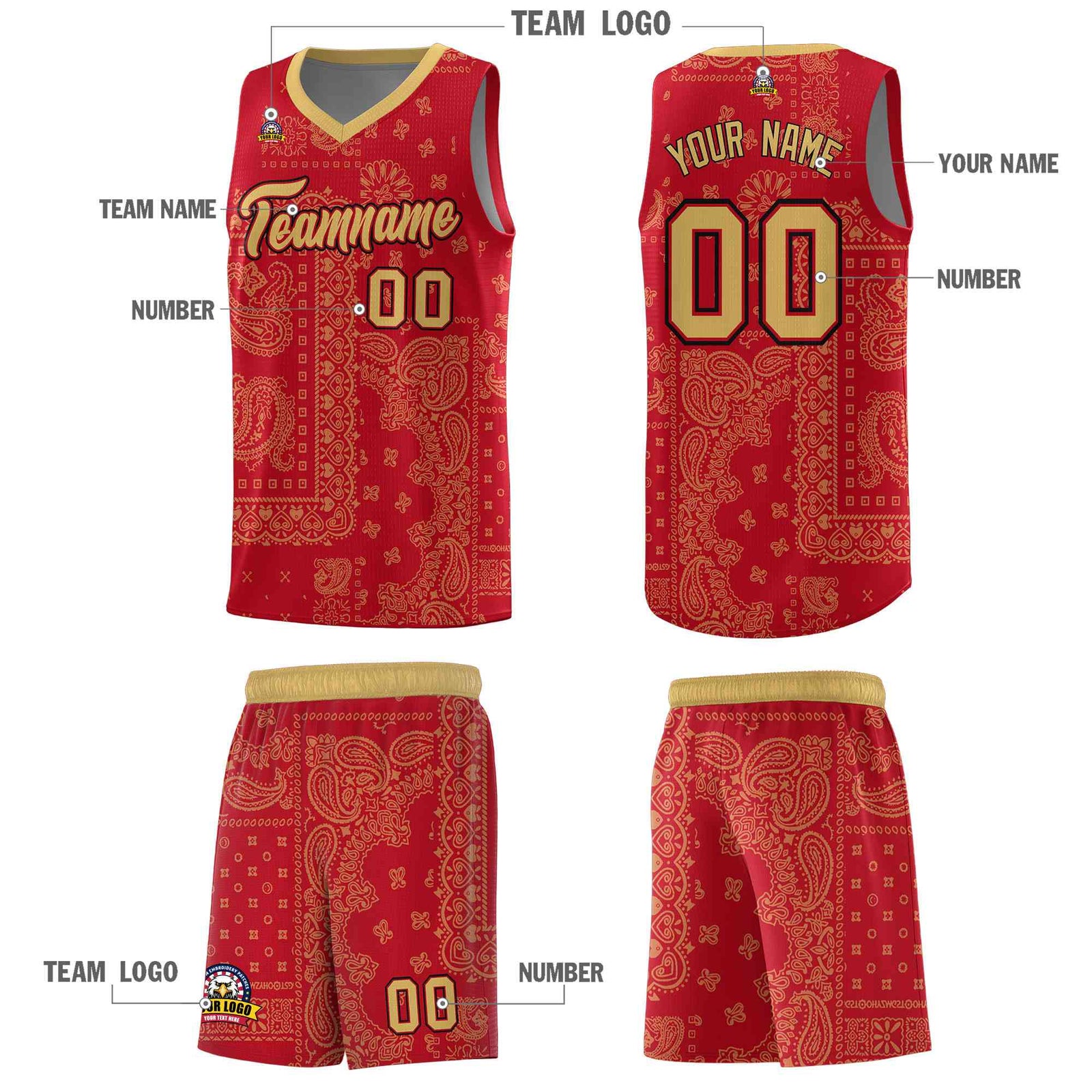 Custom Red Basketball Kits With Old Gold Cashew Flower Print Pattern