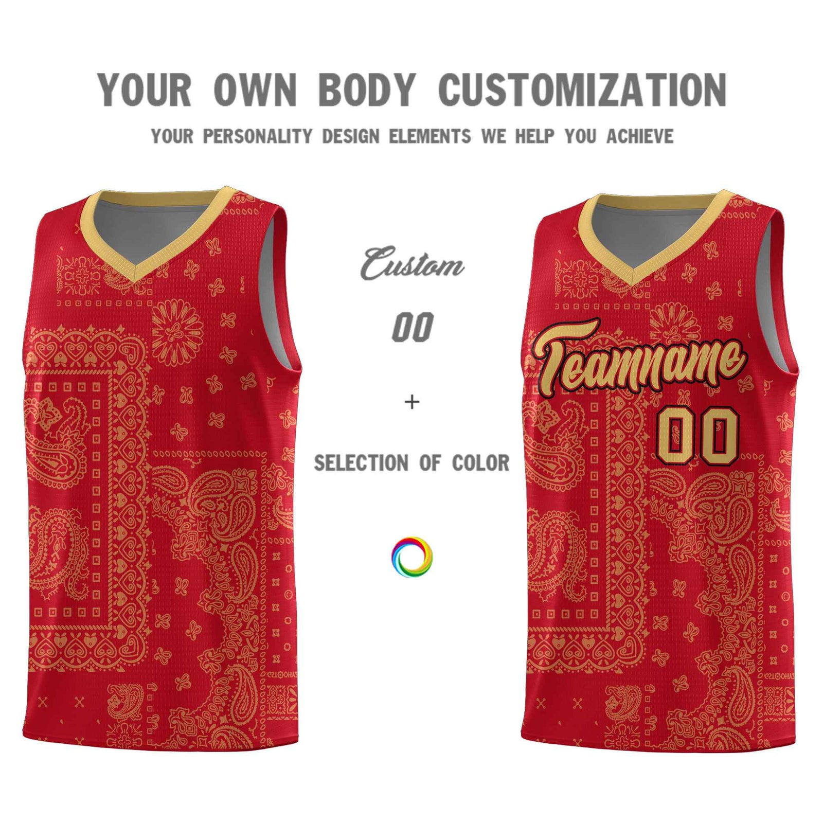 Custom Red Basketball Kits With Old Gold Cashew Flower Print Pattern