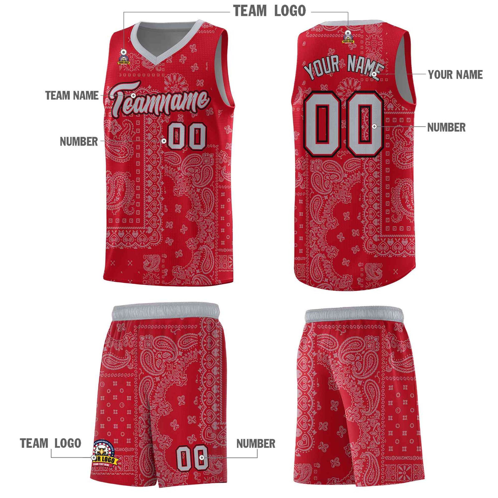 Custom Red Basketball Kits With Silver Gray Cashew Flower Print Pattern