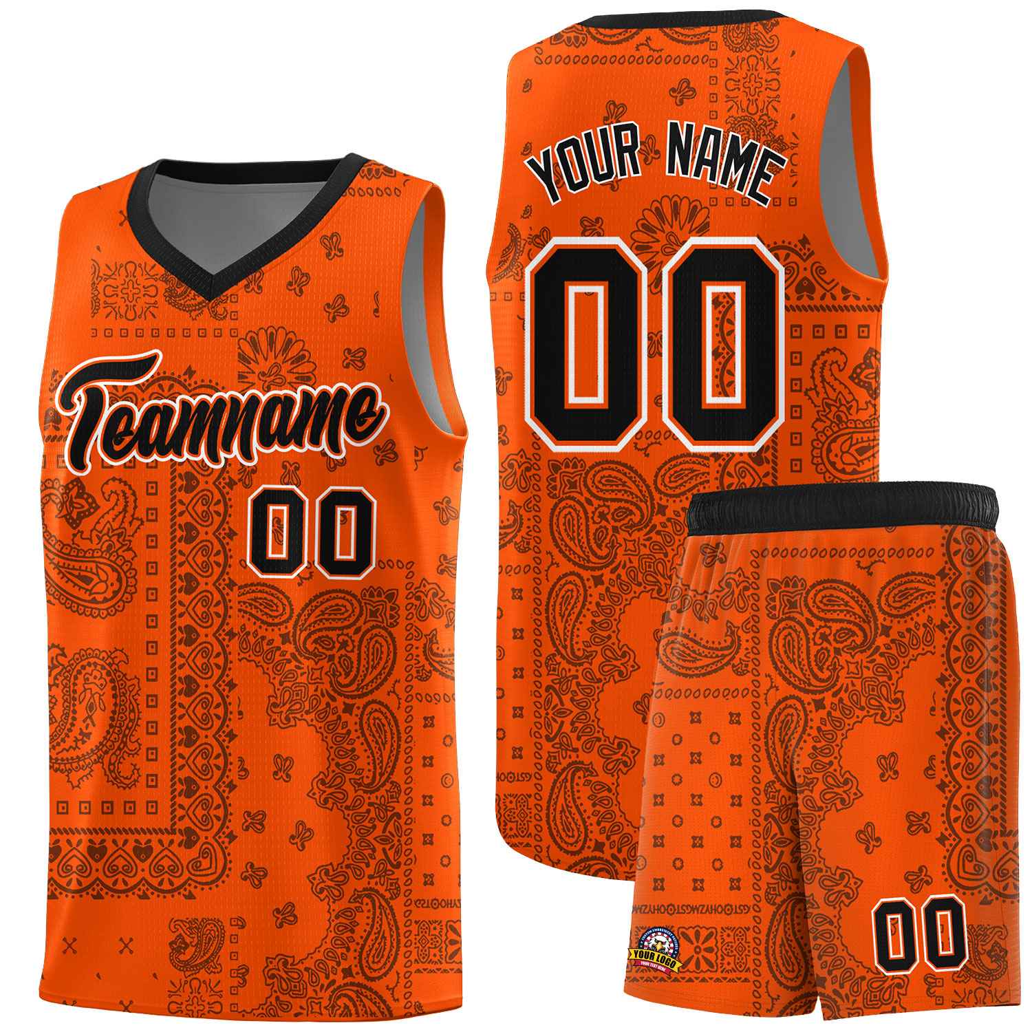 Custom Orange Basketball Kits With Black Cashew Flower Print Pattern