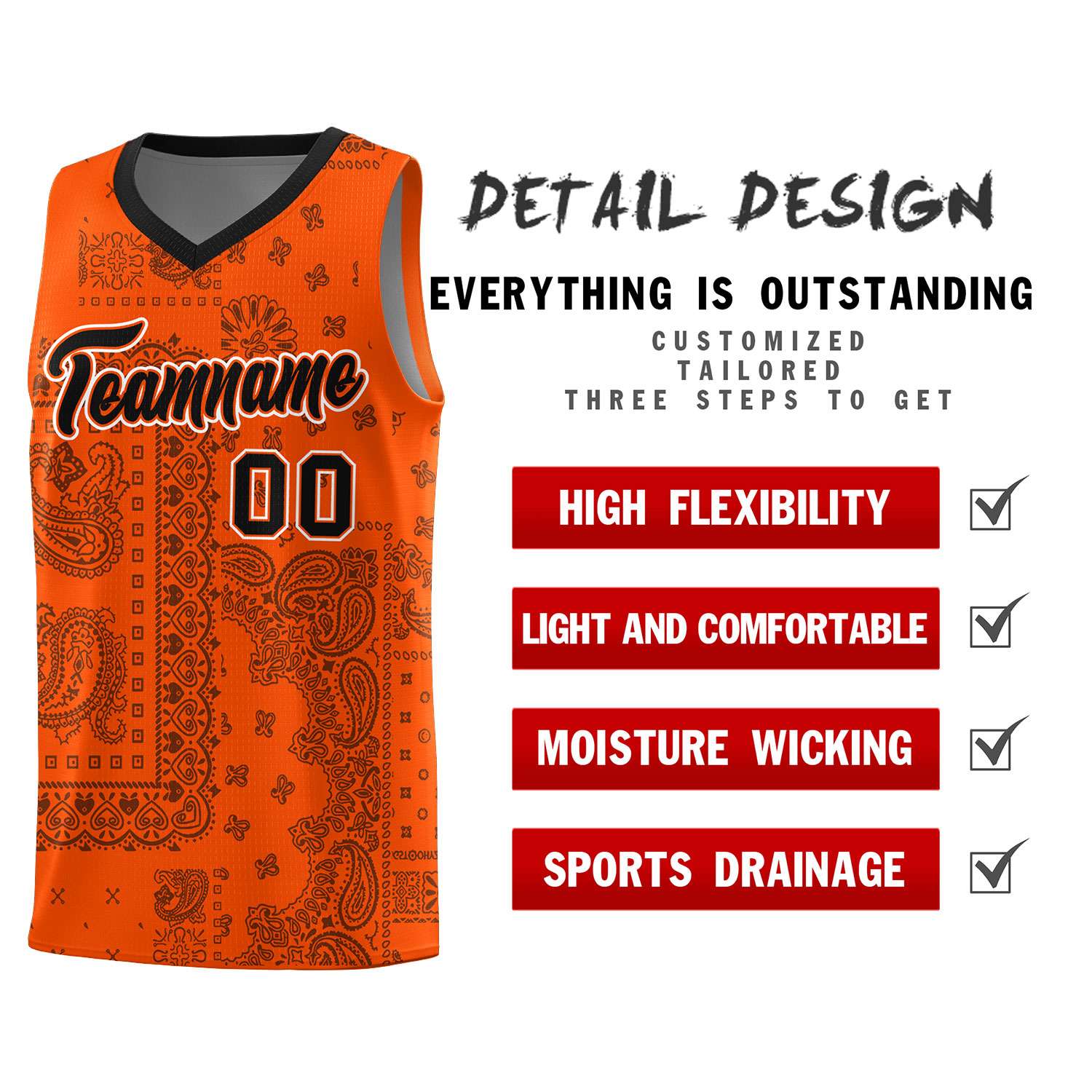 Custom Orange Basketball Kits With Black Cashew Flower Print Pattern