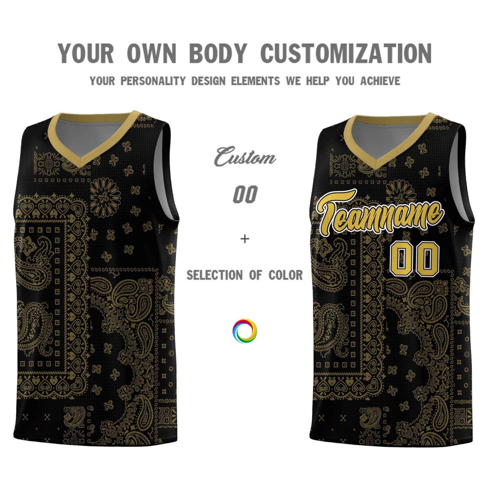 Custom Black Basketball Kits With Old Gold Cashew Flower Print Pattern
