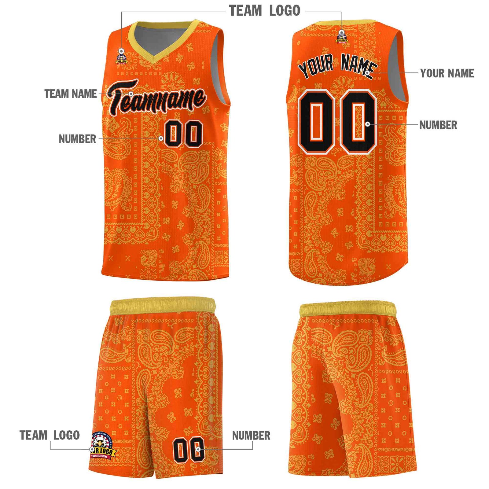 Custom Orange Basketball Kits With Old Gold Cashew Flower Print Pattern