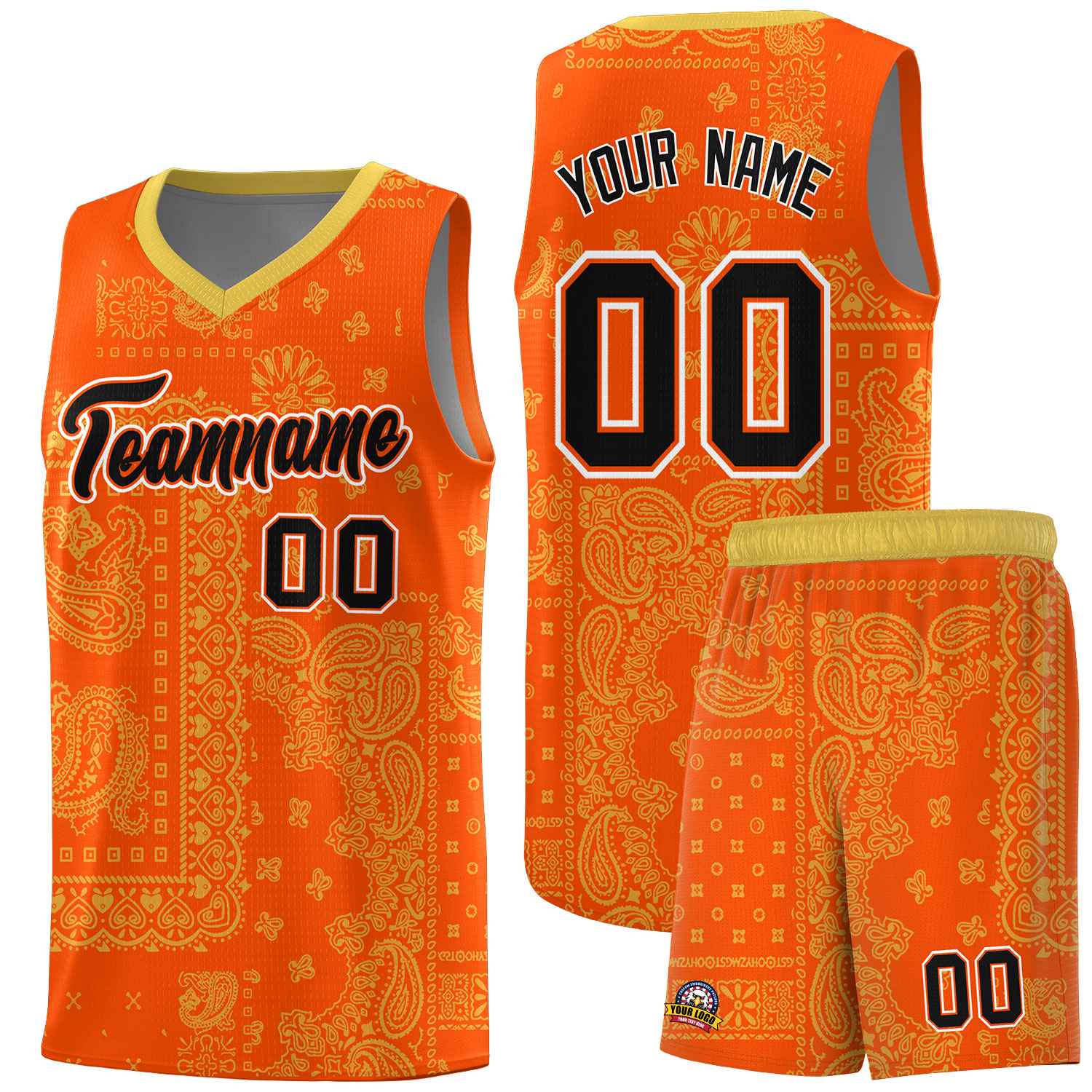 Custom Orange Basketball Kits With Old Gold Cashew Flower Print Pattern