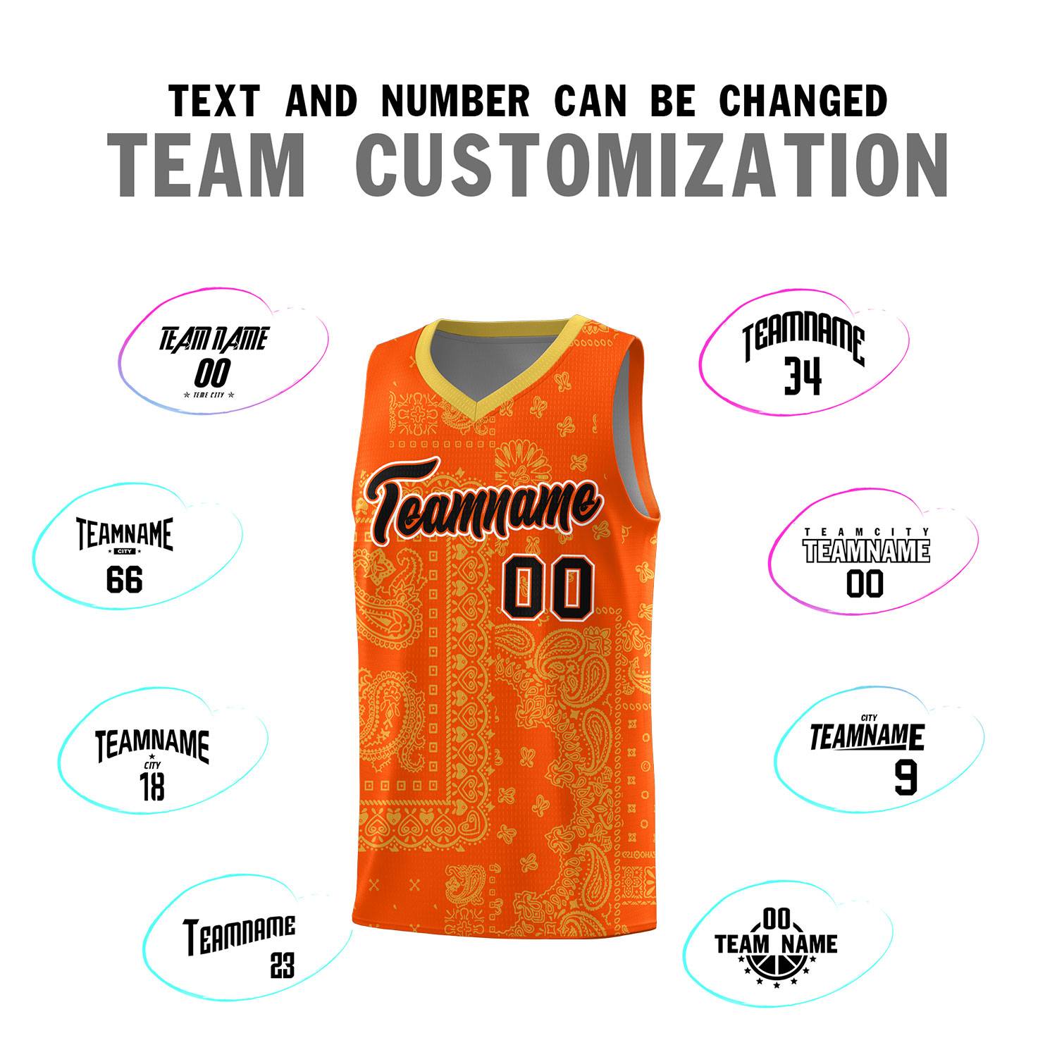 Custom Orange Basketball Kits With Old Gold Cashew Flower Print Pattern