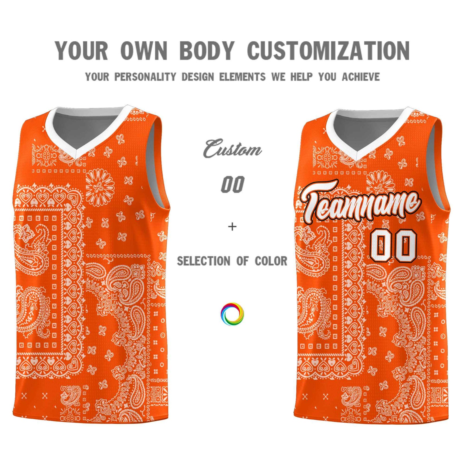 Custom Orange Basketball Kits With White Cashew Flower Print Pattern