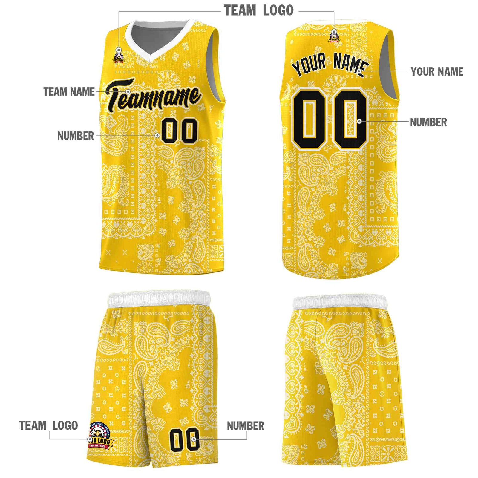 Custom Gold Basketball Kits With White Cashew Flower Print Pattern
