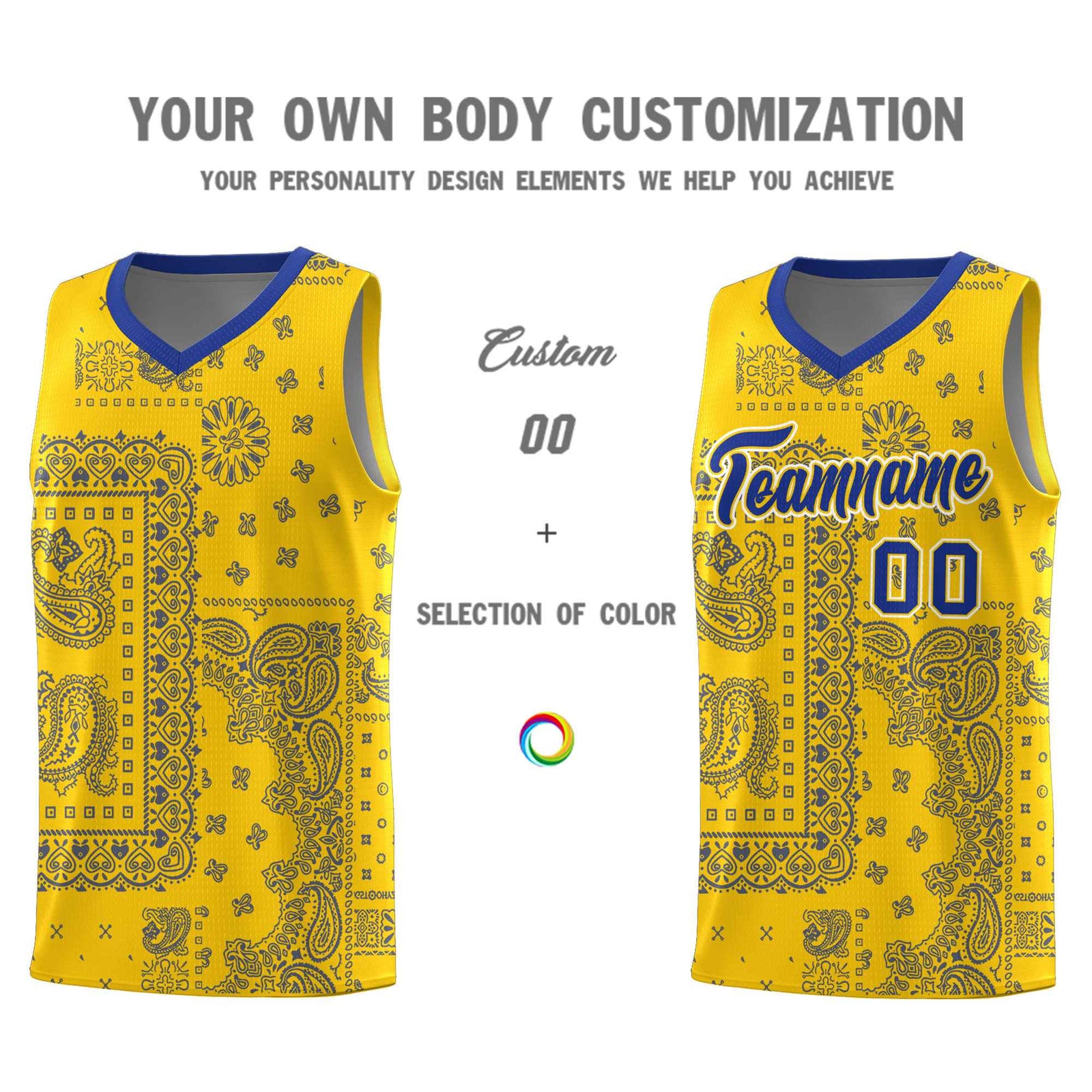 Custom Gold Basketball Kits With Royal Cashew Flower Print Pattern