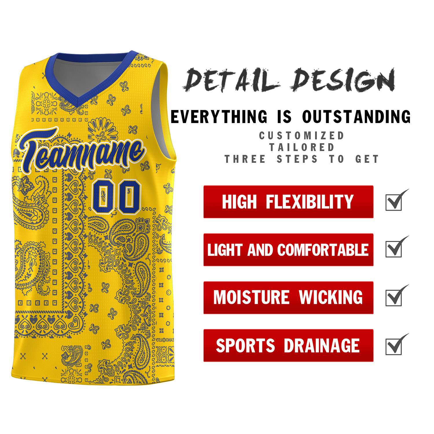 Custom Gold Basketball Kits With Royal Cashew Flower Print Pattern