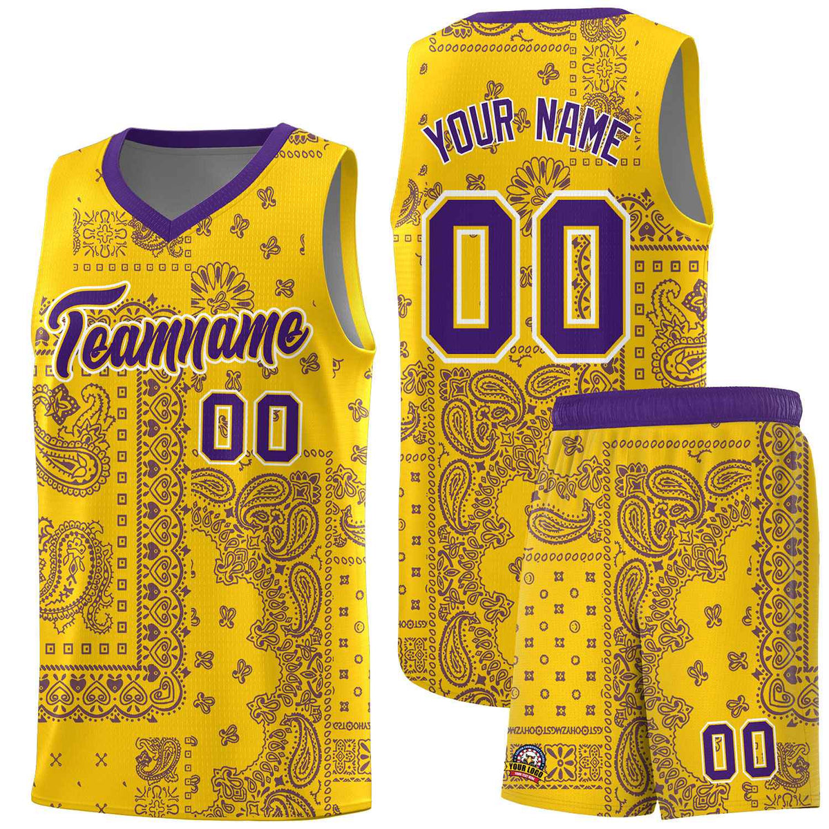 Custom Gold Basketball Kits With Purple Cashew Flower Print Pattern