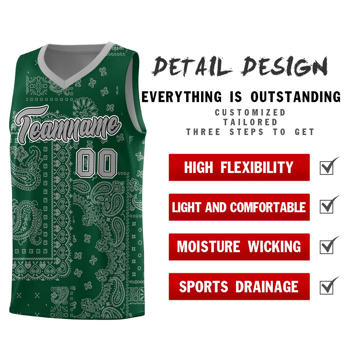 Custom Green Basketball Kits With Silver Gray Cashew Flower Print Pattern