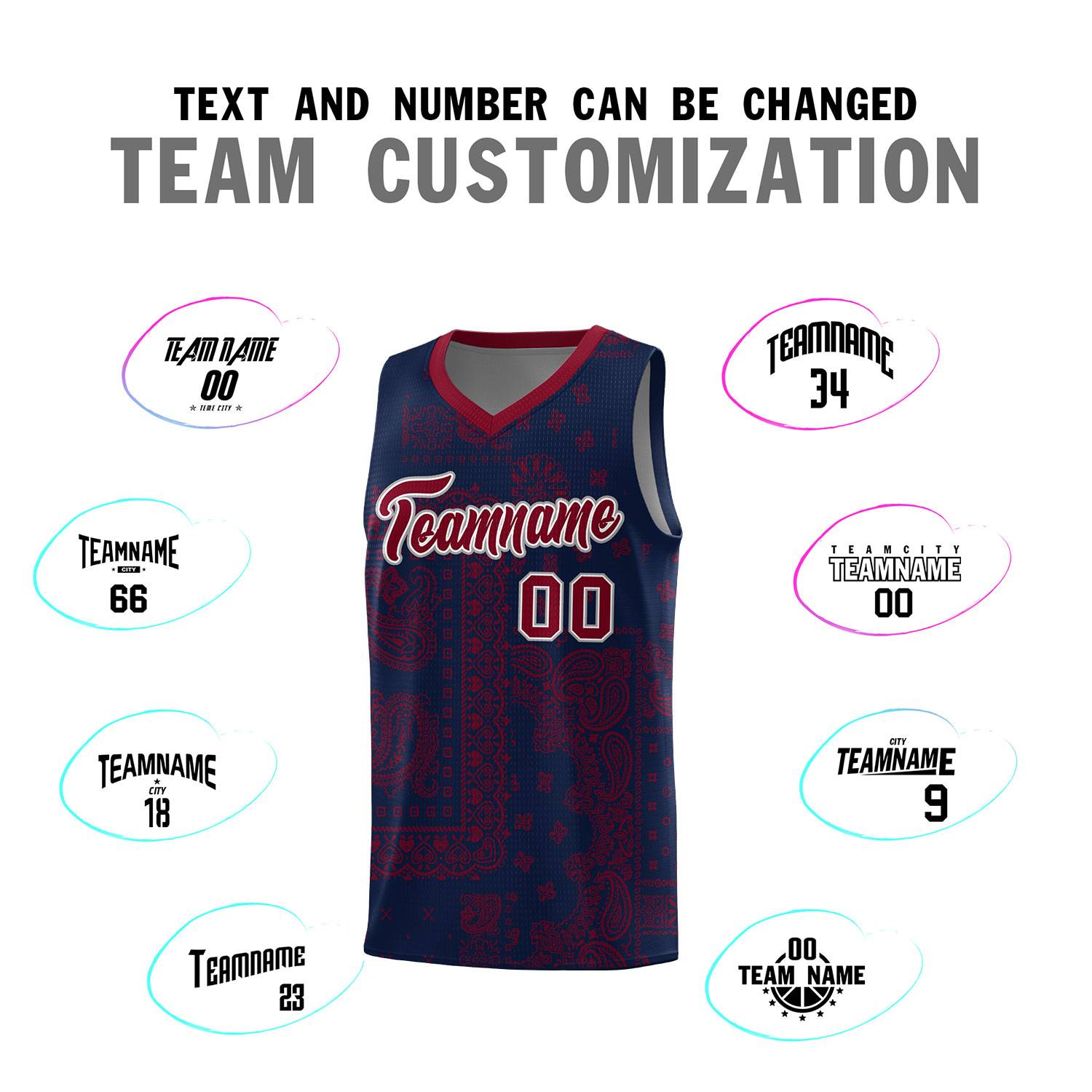 Custom Navy Basketball Kits With Crimson Cashew Flower Print Pattern