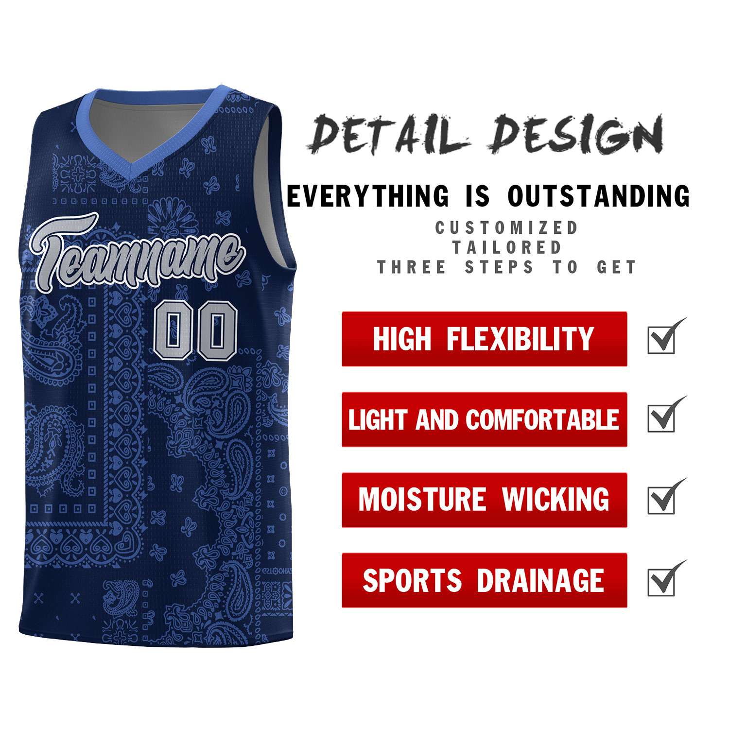 Custom Navy Basketball Kits With Light Blue Cashew Flower Print Pattern