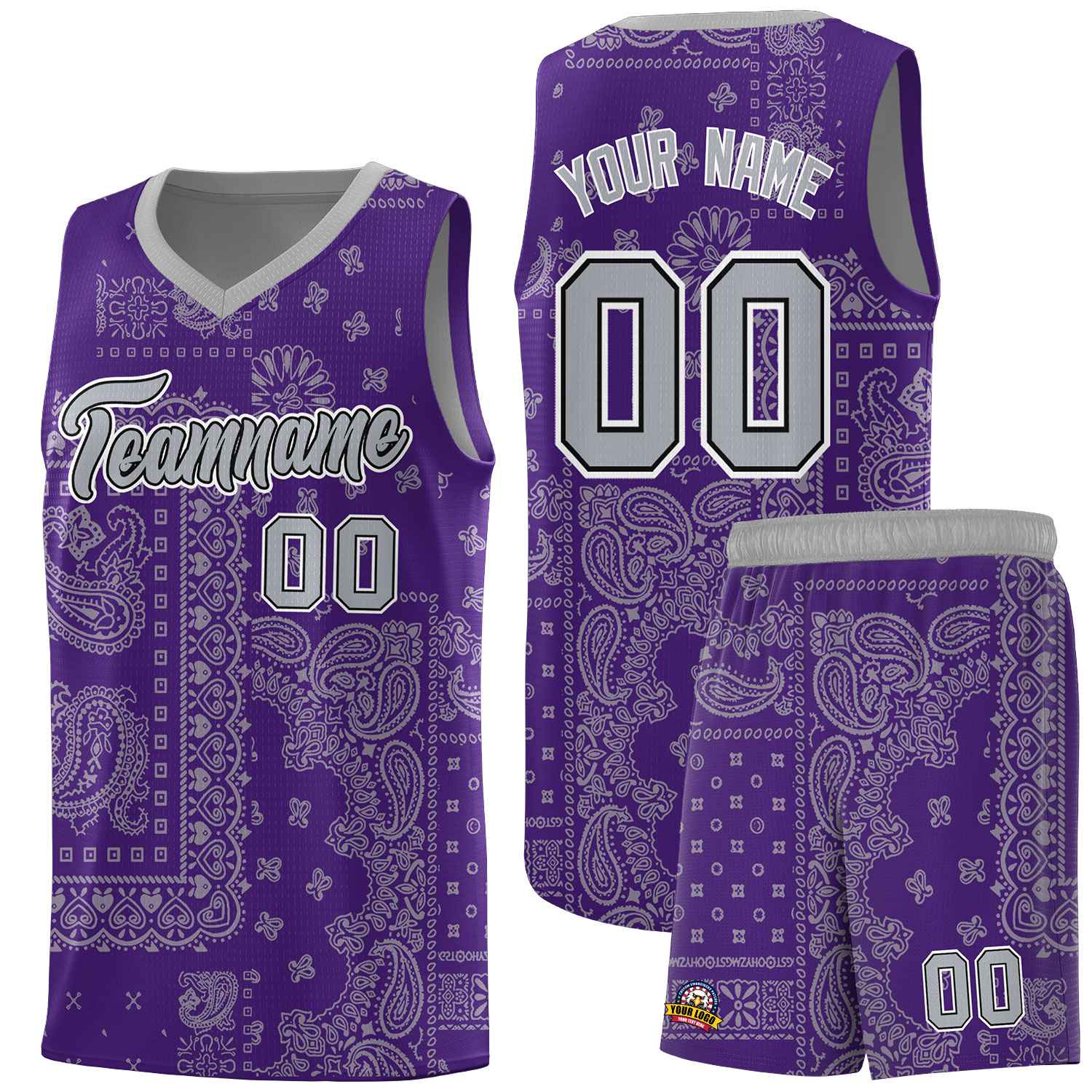 Custom Purple Basketball Kits With Gray Cashew Flower Print Pattern