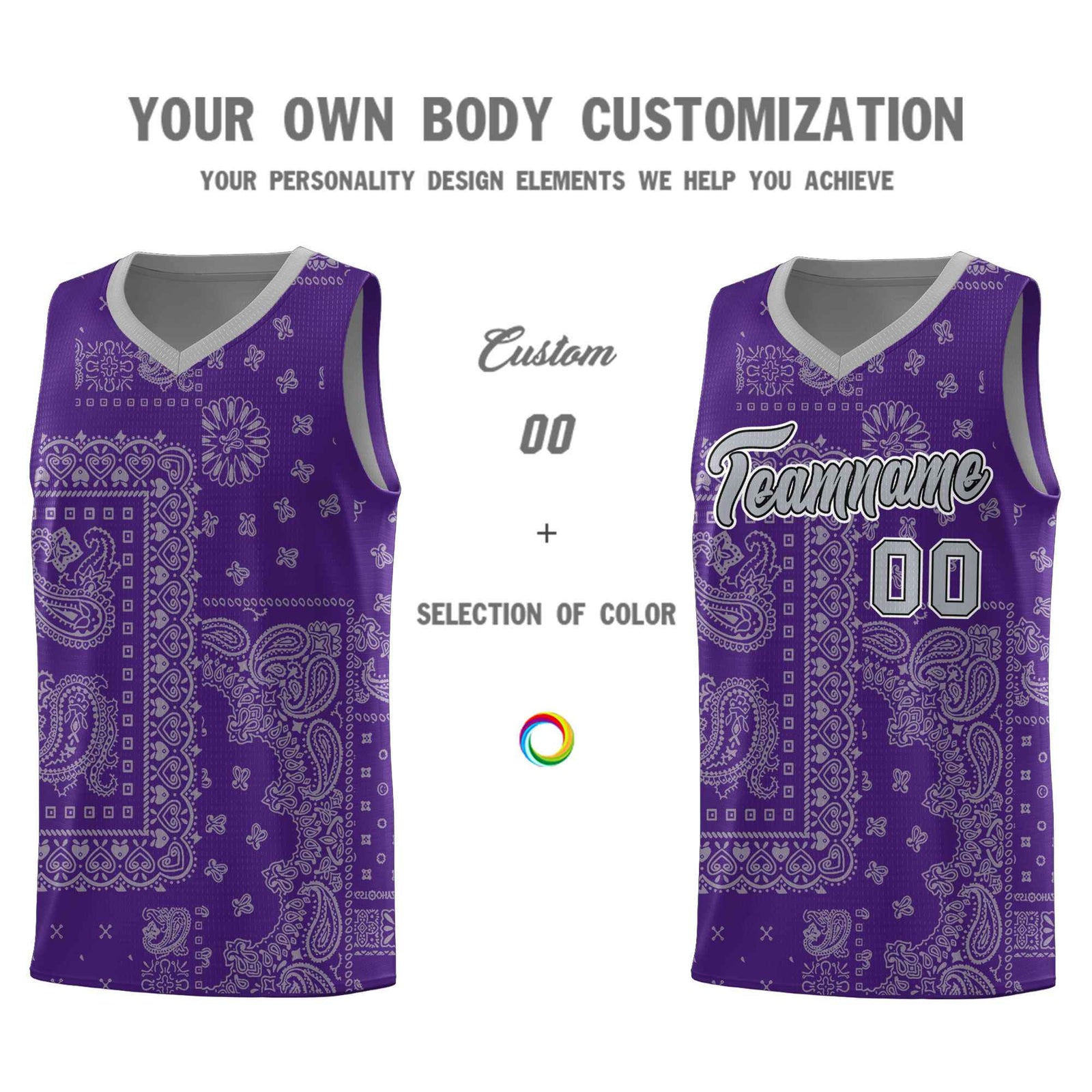 Custom Purple Basketball Kits With Gray Cashew Flower Print Pattern