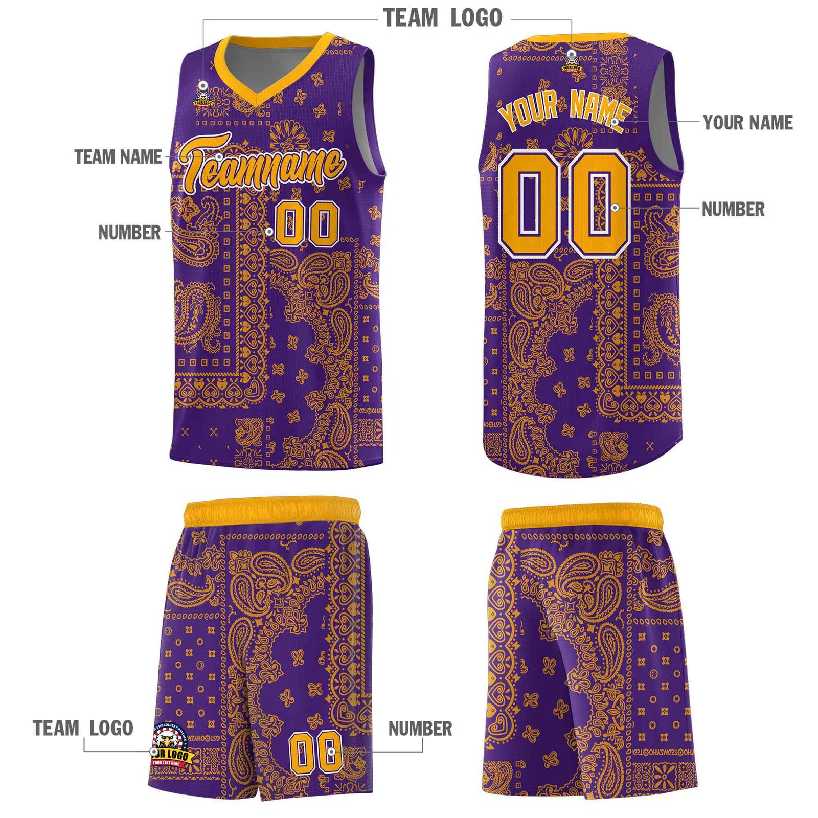 Custom Purple Basketball Kits With Yellow Cashew Flower Print Pattern