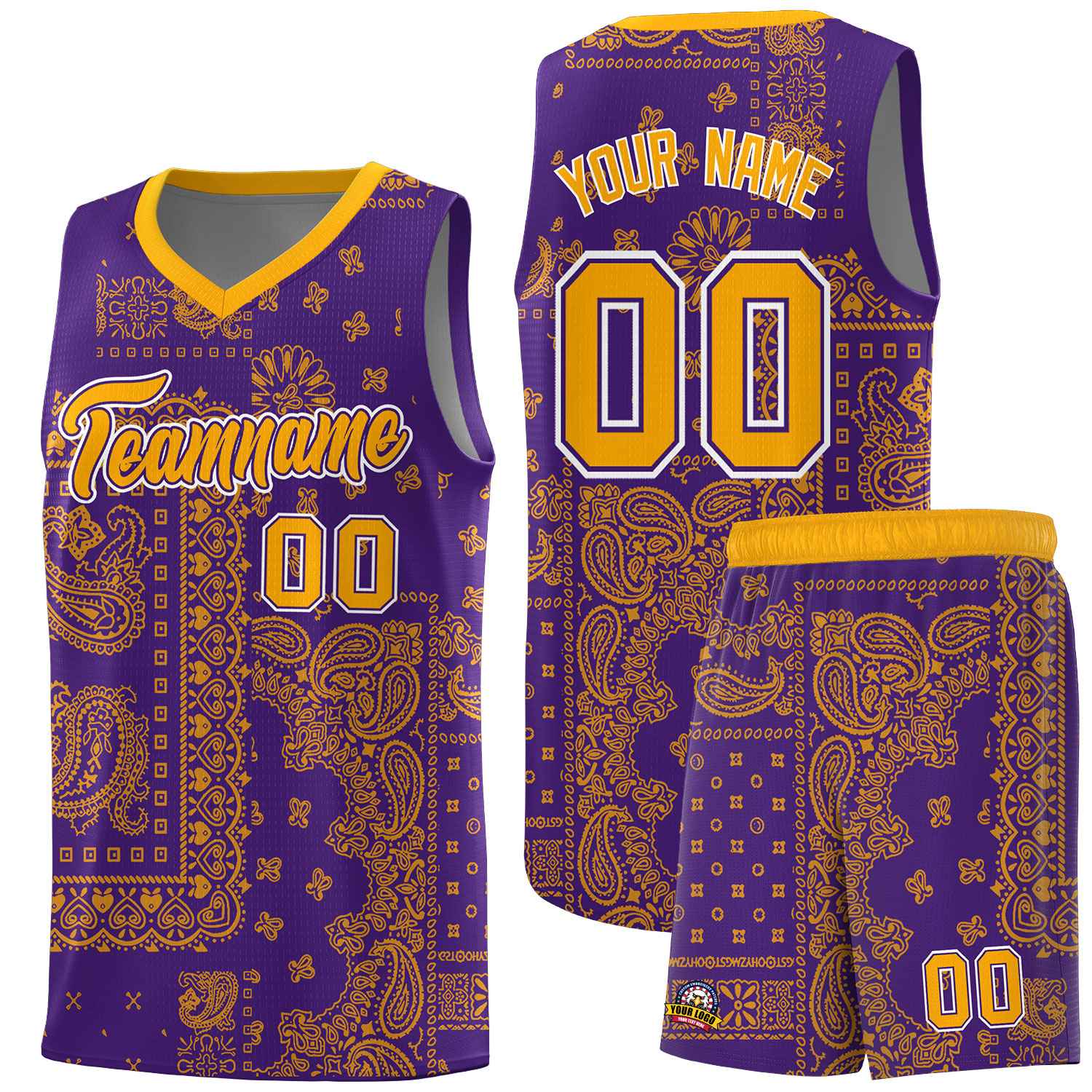 Custom Purple Basketball Kits With Yellow Cashew Flower Print Pattern