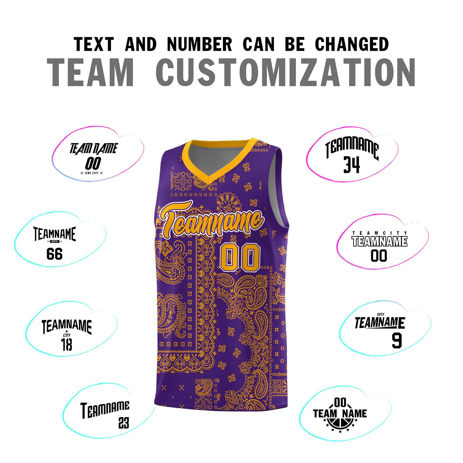 Custom Purple Basketball Kits With Yellow Cashew Flower Print Pattern