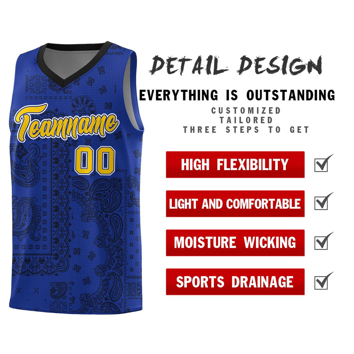 Custom Royal Basketball Kits With Black Cashew Flower Print Pattern