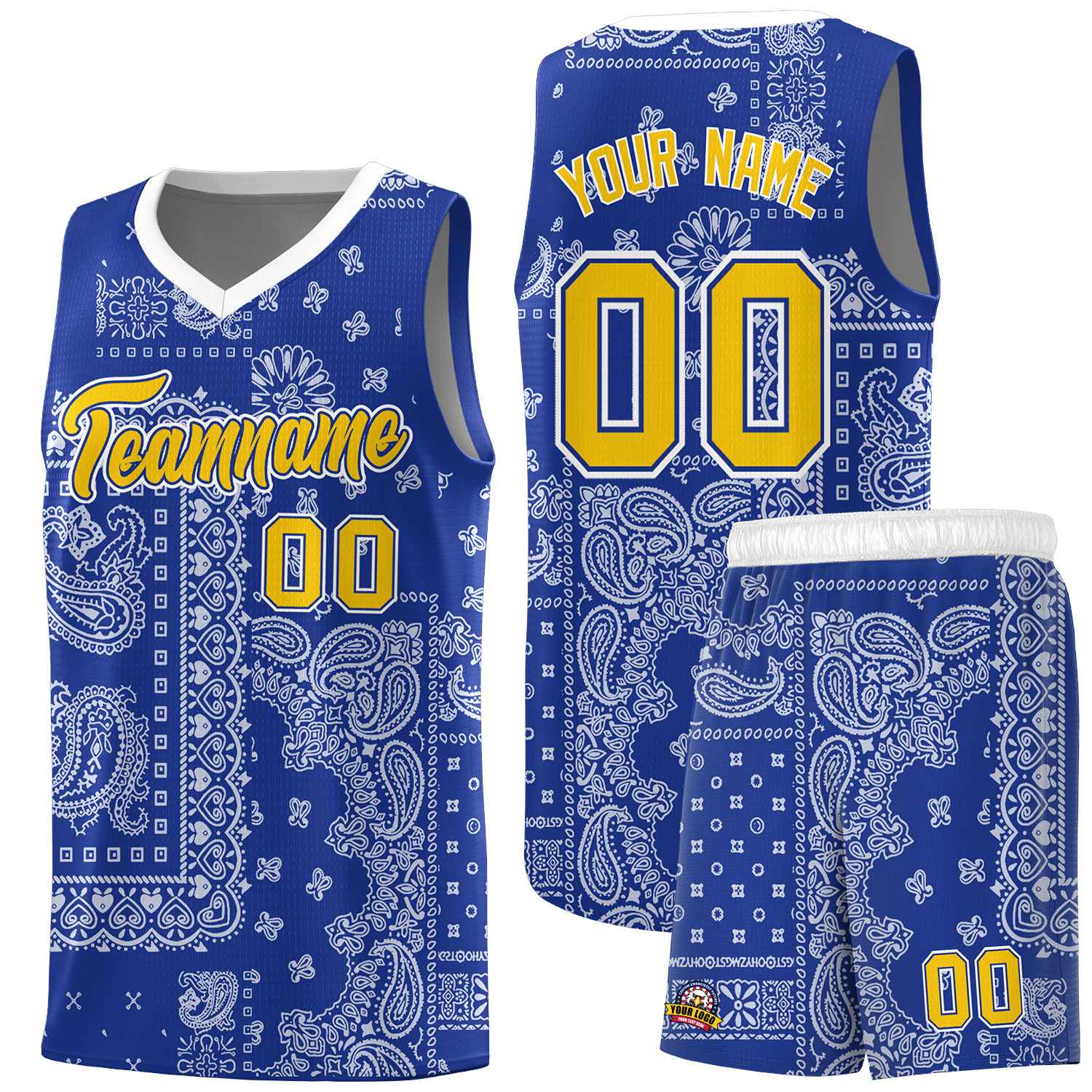 Custom Royal Basketball Kits With White Cashew Flower Print Pattern