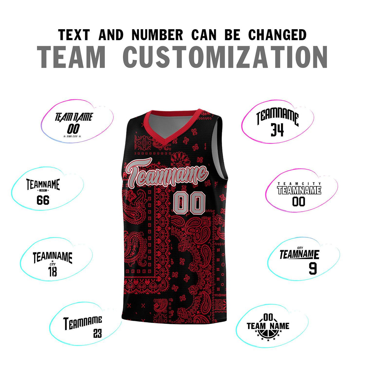 Custom Black Basketball Kits With Red Cashew Flower Print Pattern