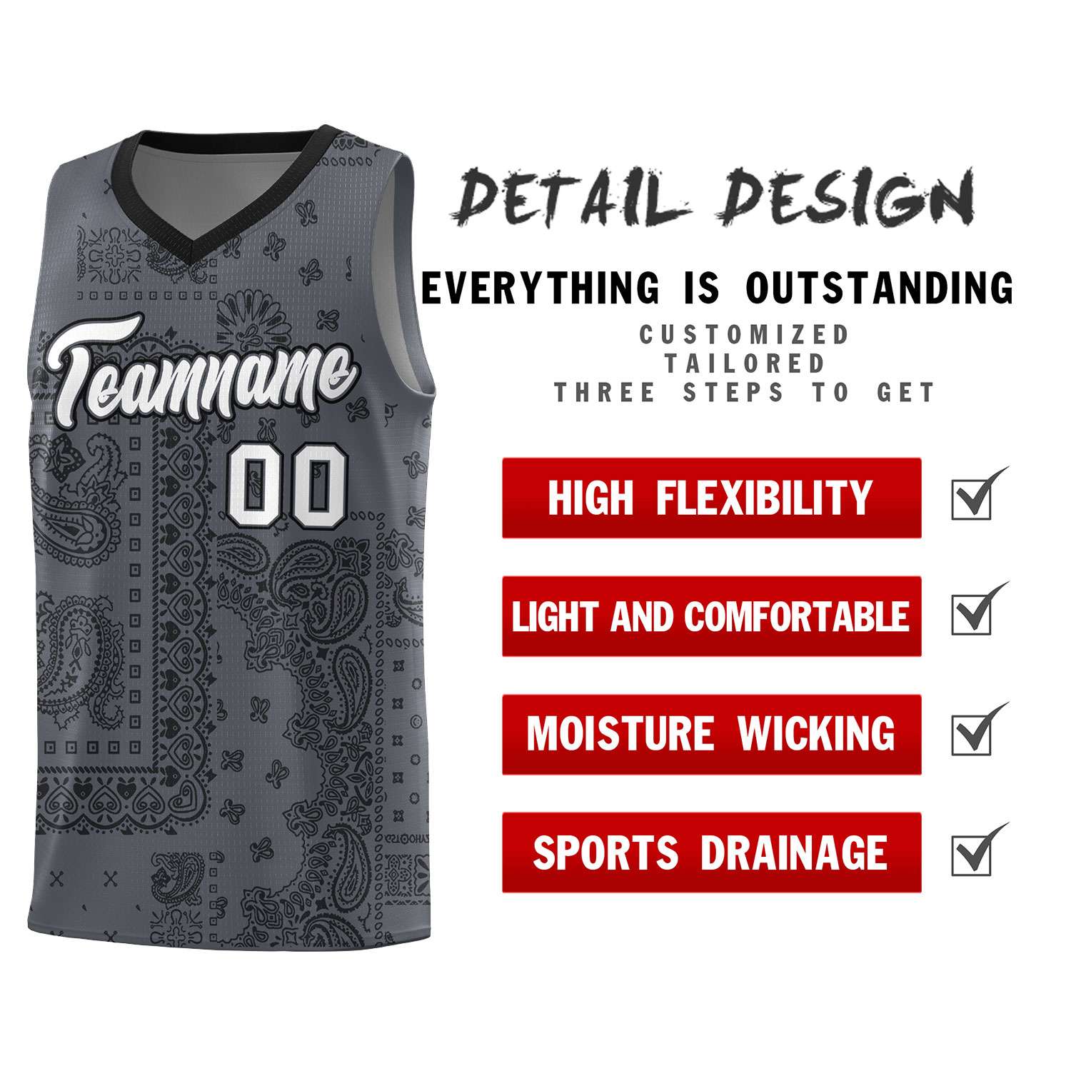 Custom Gray Basketball Kits With Black Cashew Flower Print Pattern