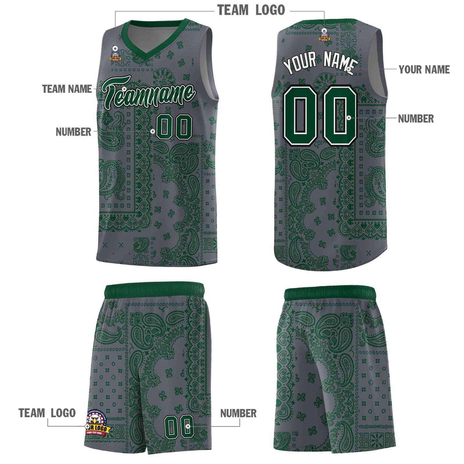 Custom Gray Basketball Kits With Kelly Green Cashew Flower Print Pattern