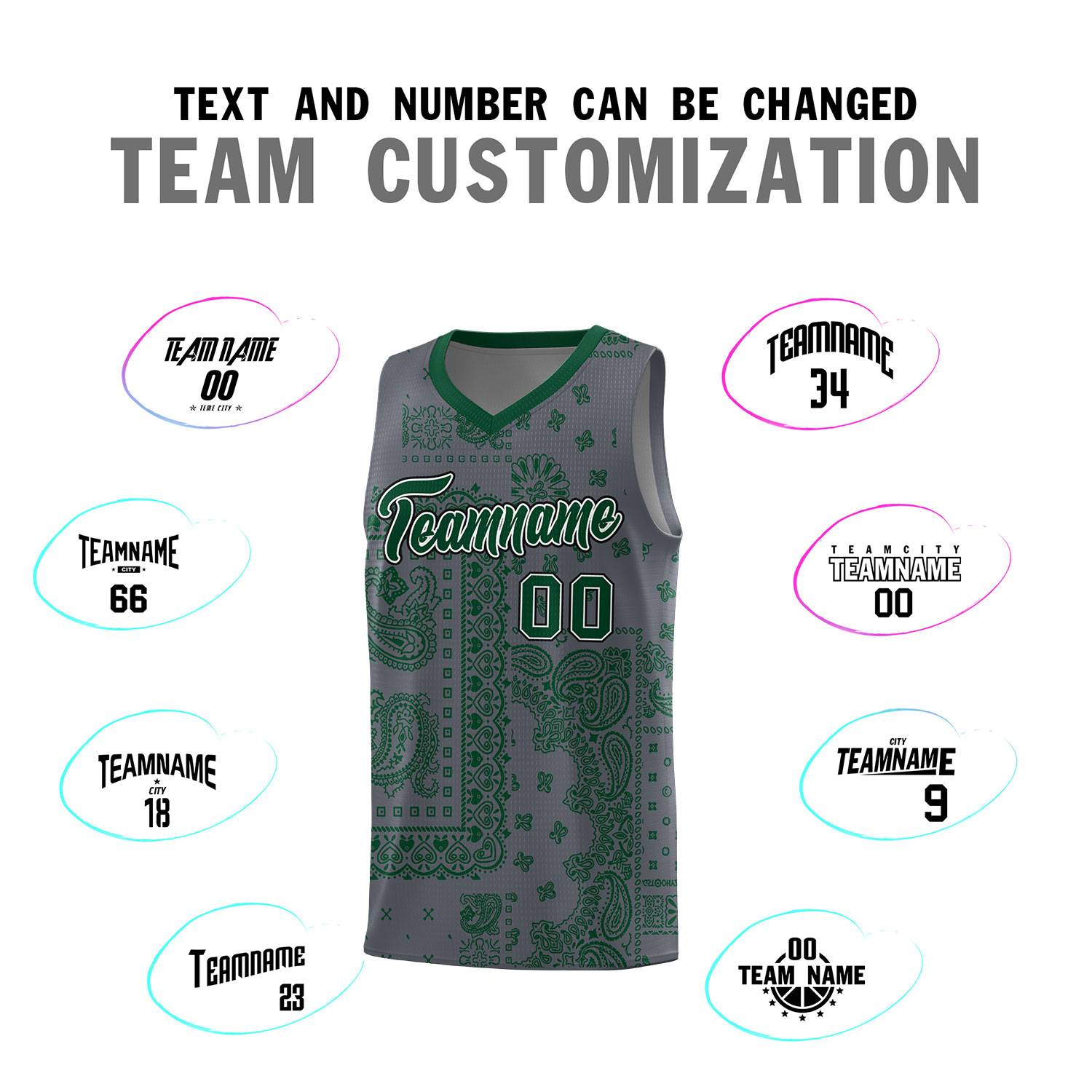 Custom Gray Basketball Kits With Kelly Green Cashew Flower Print Pattern